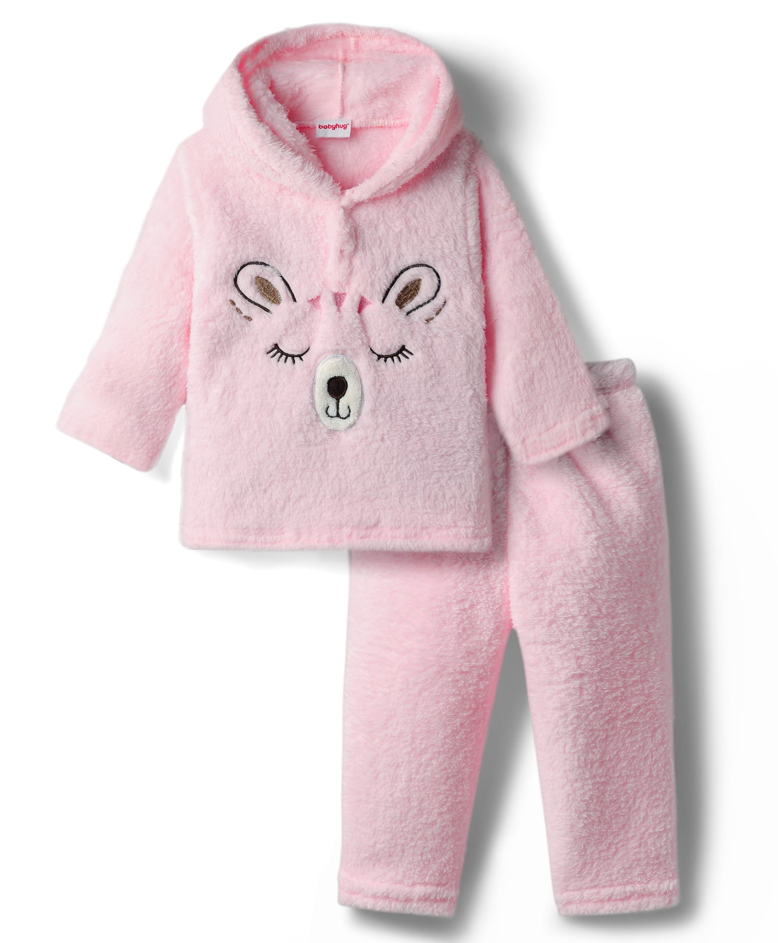 Babyhug Fur Full Sleeves Fur Hoodie Winter Set With Animal Embroidery - Pink-image-14