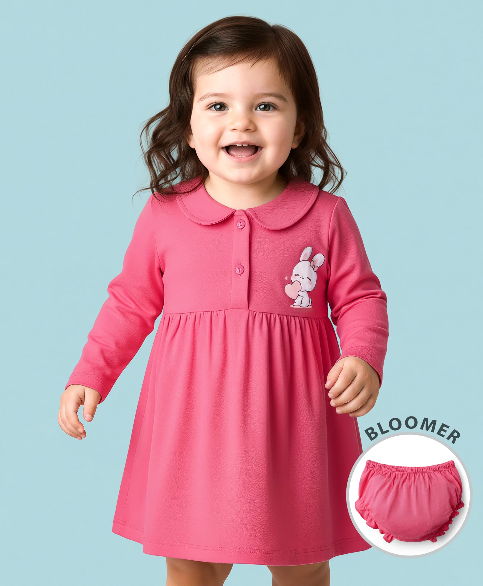 Babyhug Single Jersey Knit Full Sleeves Frock with Bloomer & Bunny Print - Pink-picture-22