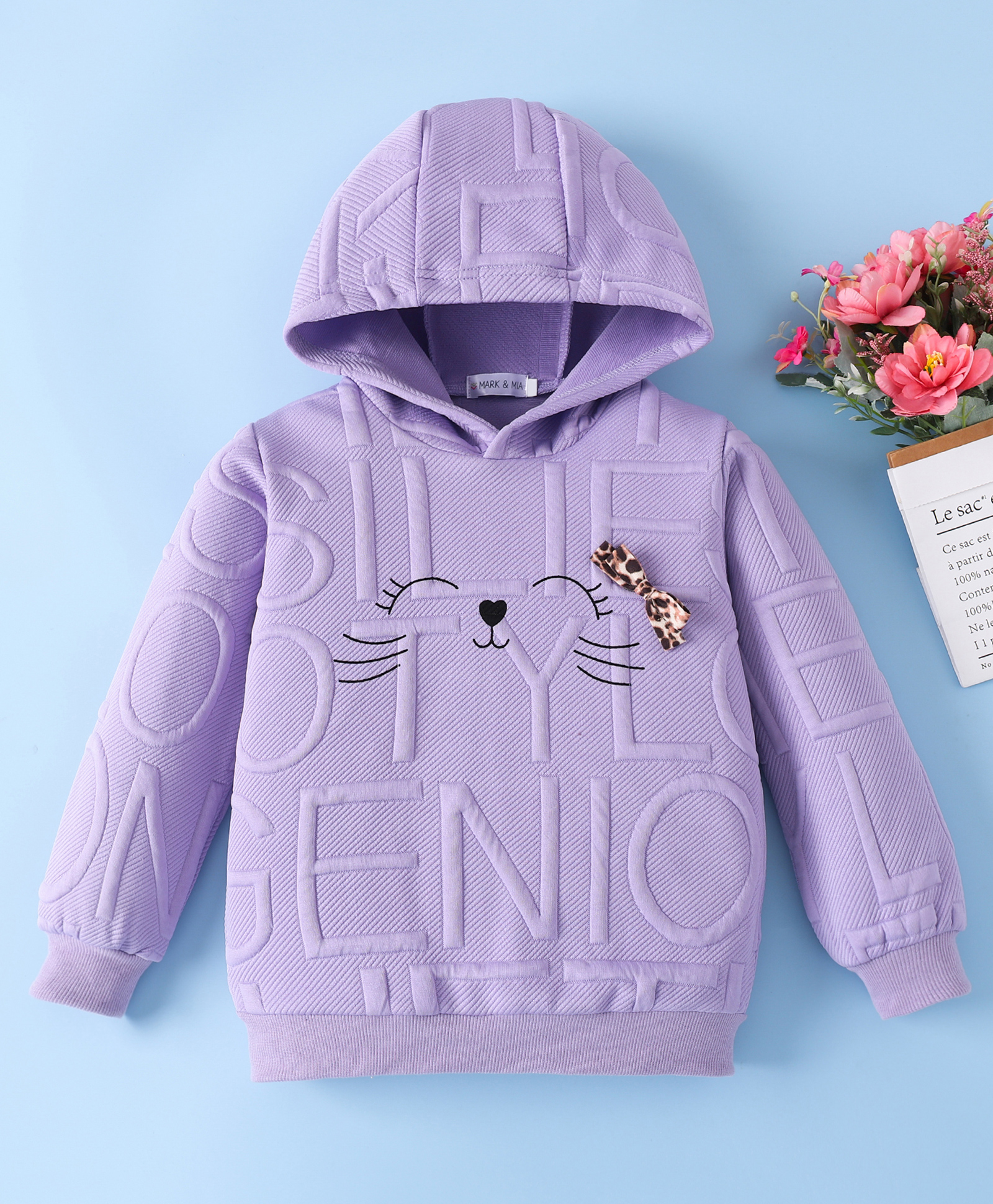 Mark & Mia Full Sleeves Hooded Sweatshirt With Embroidery & Bow Applique - Purple-image-12
