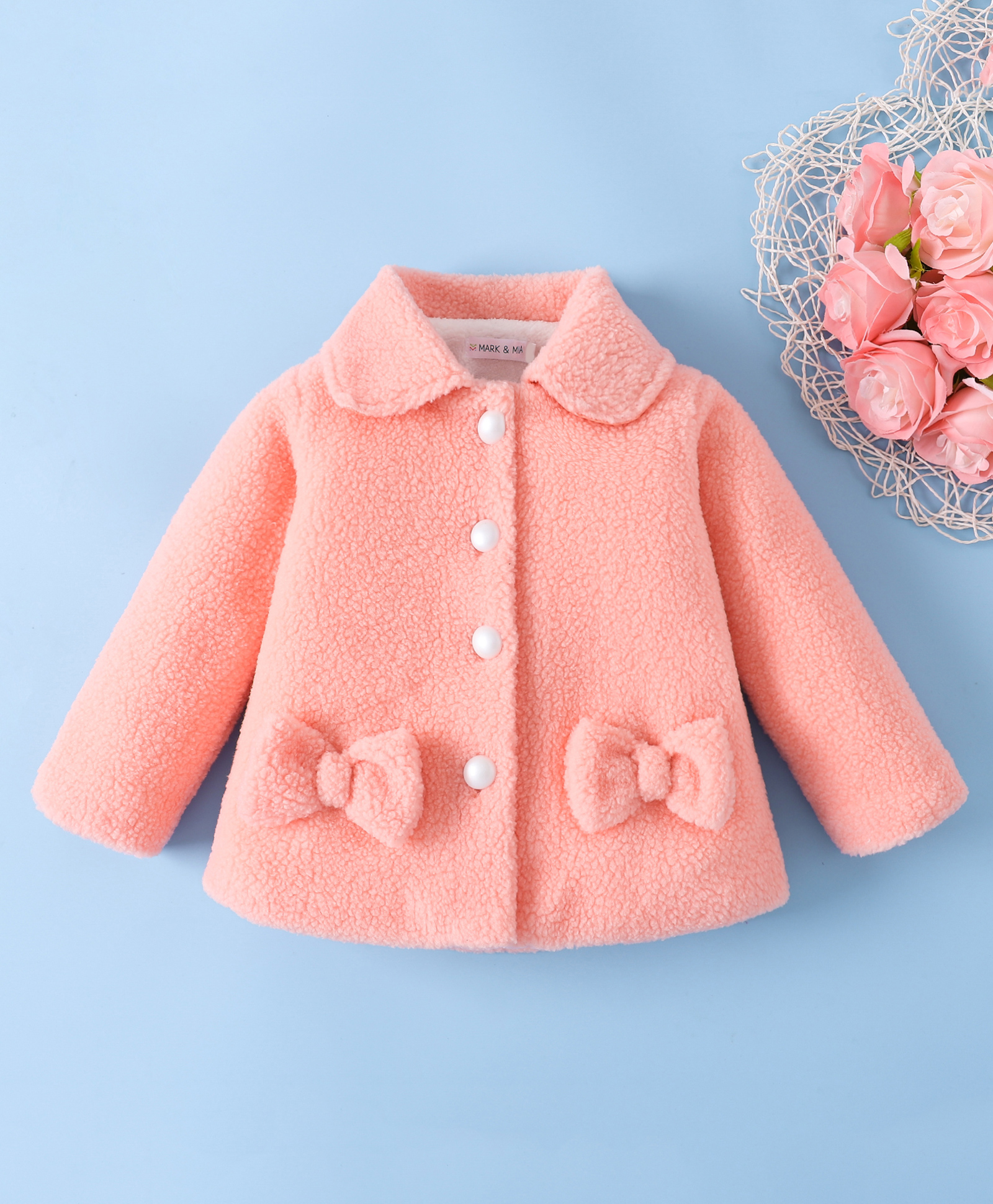 Mark & Mia Full Sleeves Fur Winter Jacket With Bow Applique - Peach-image-30
