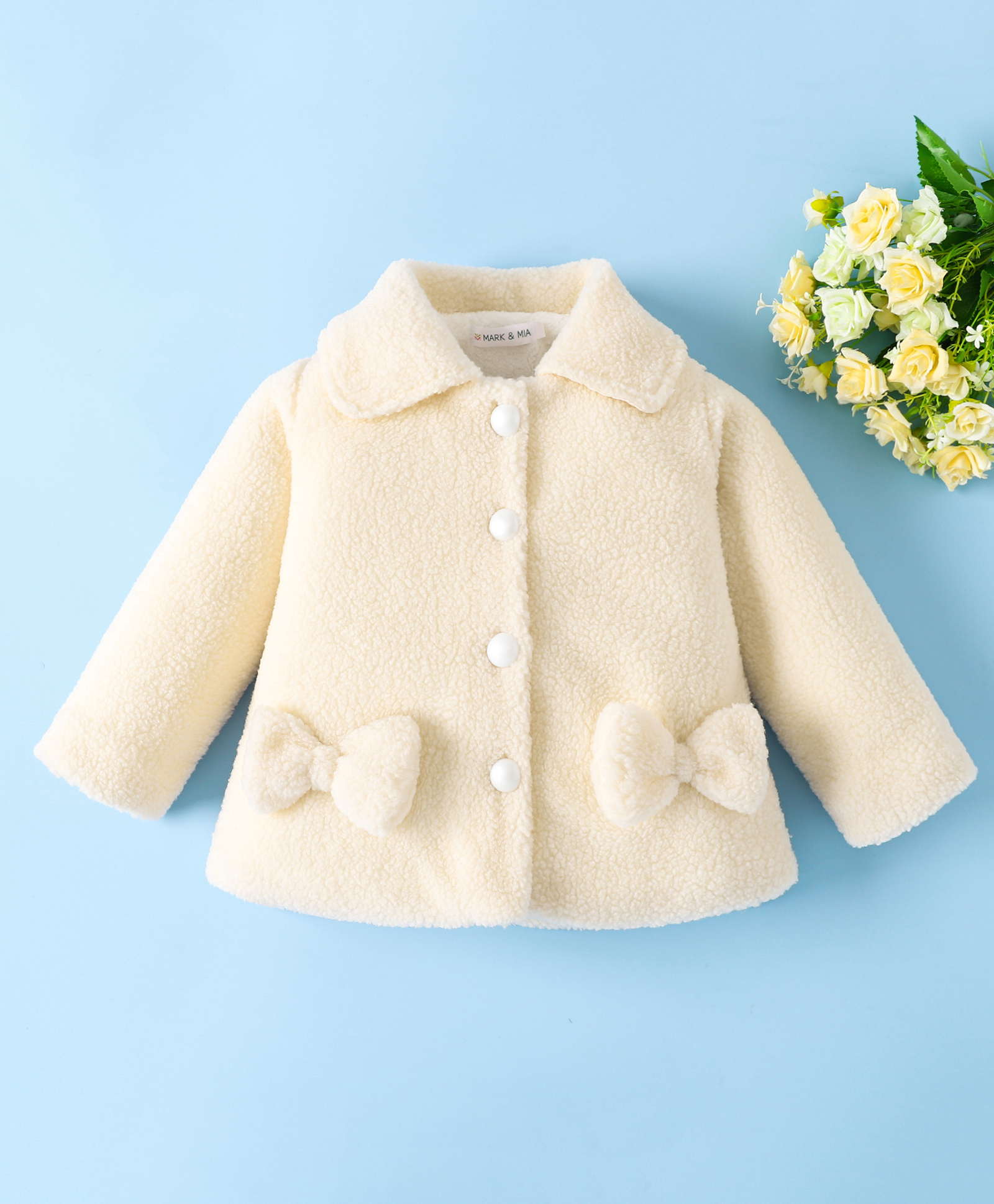 Mark & Mia Full Sleeves Fur Winter Jacket With Bow Applique - Cream-image-21