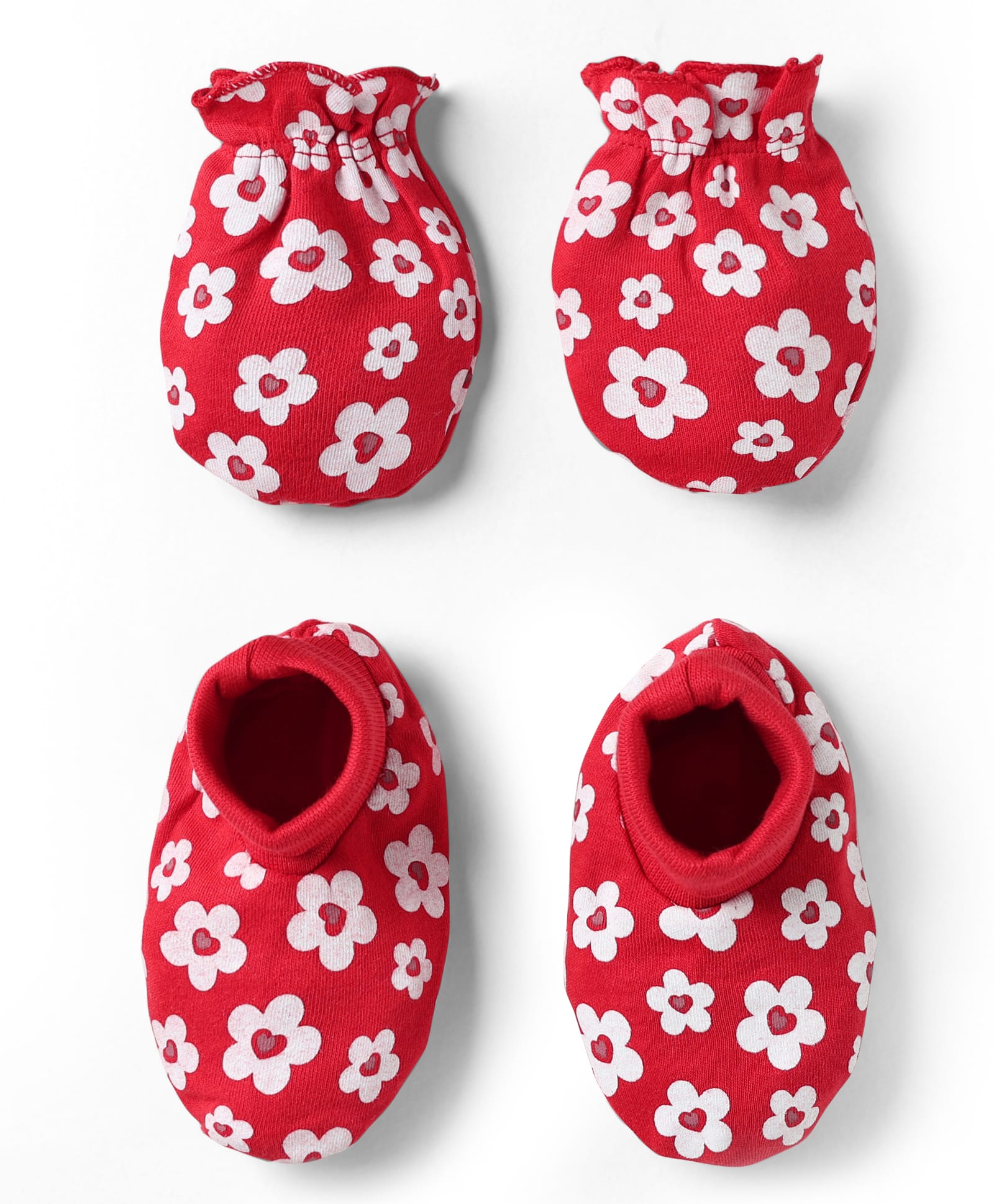 Babyhug 100% Cotton Interlock Knit Mittens & Booties With Floral Print - Red-picture-23
