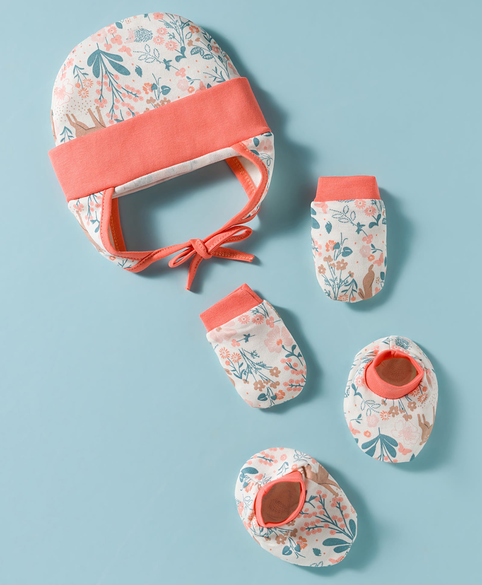 OHMS Interlock Knit Cap with Knot Mittens & Booties Set with Floral Print White & Peach - Diameter 11.5 cm-picture-22