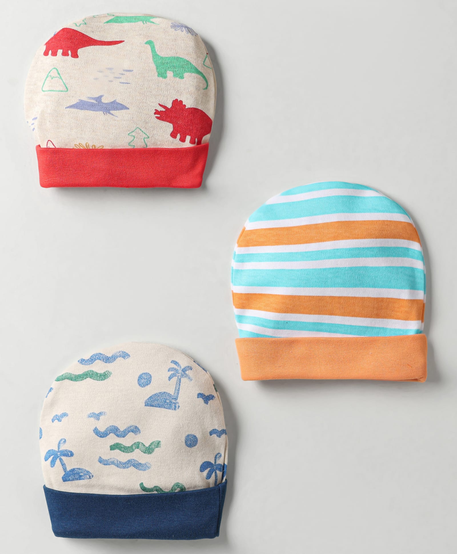 OHMS Interlock Knit Caps With Dino Print Pack Of 3 Red Blue & Orange - Diameter 9 cm-image-30