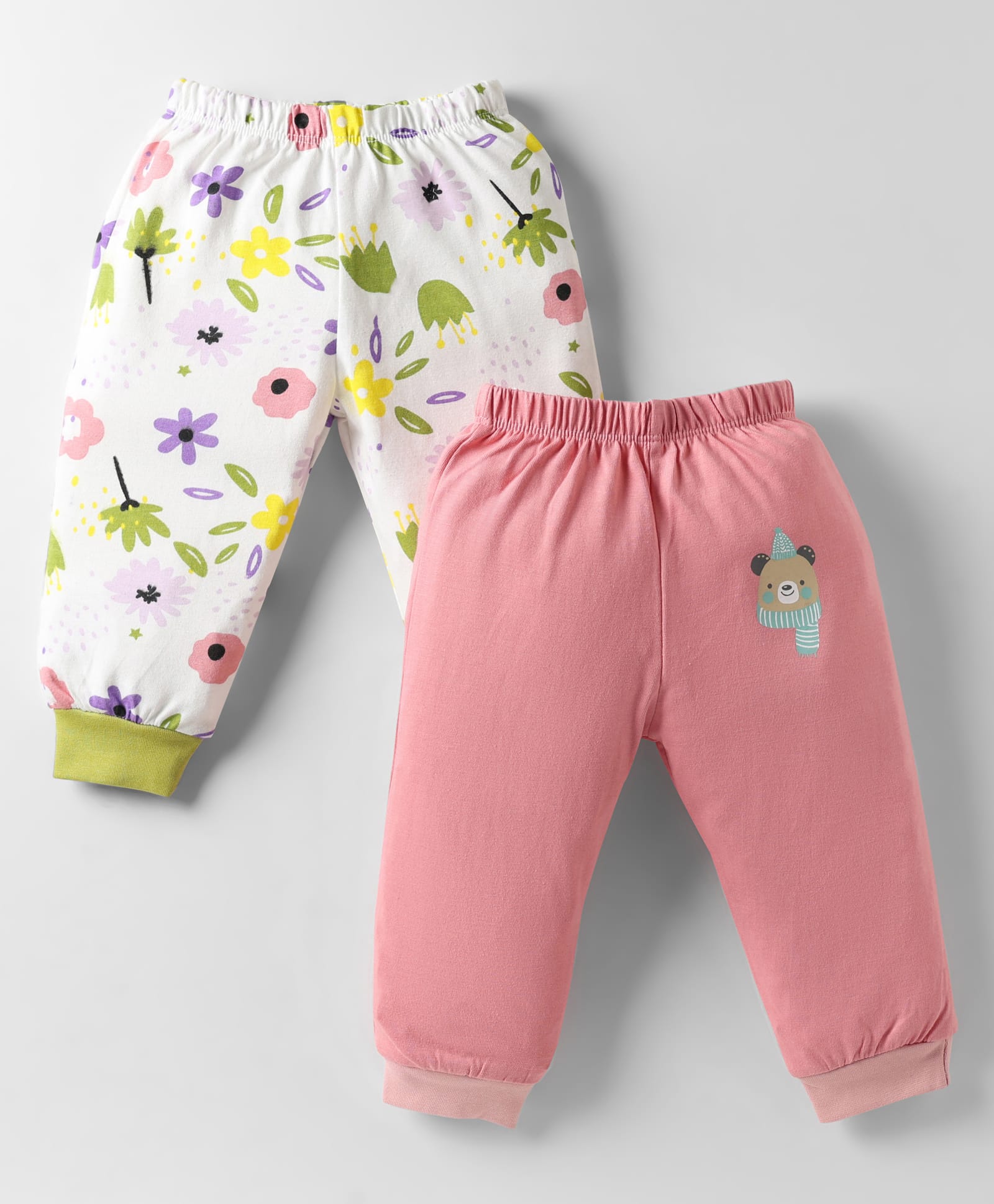 OHMS Single Jersey Knit Full Length Lounge Pant With Floral Print Pack Of 2 - Pink & White-picture-35