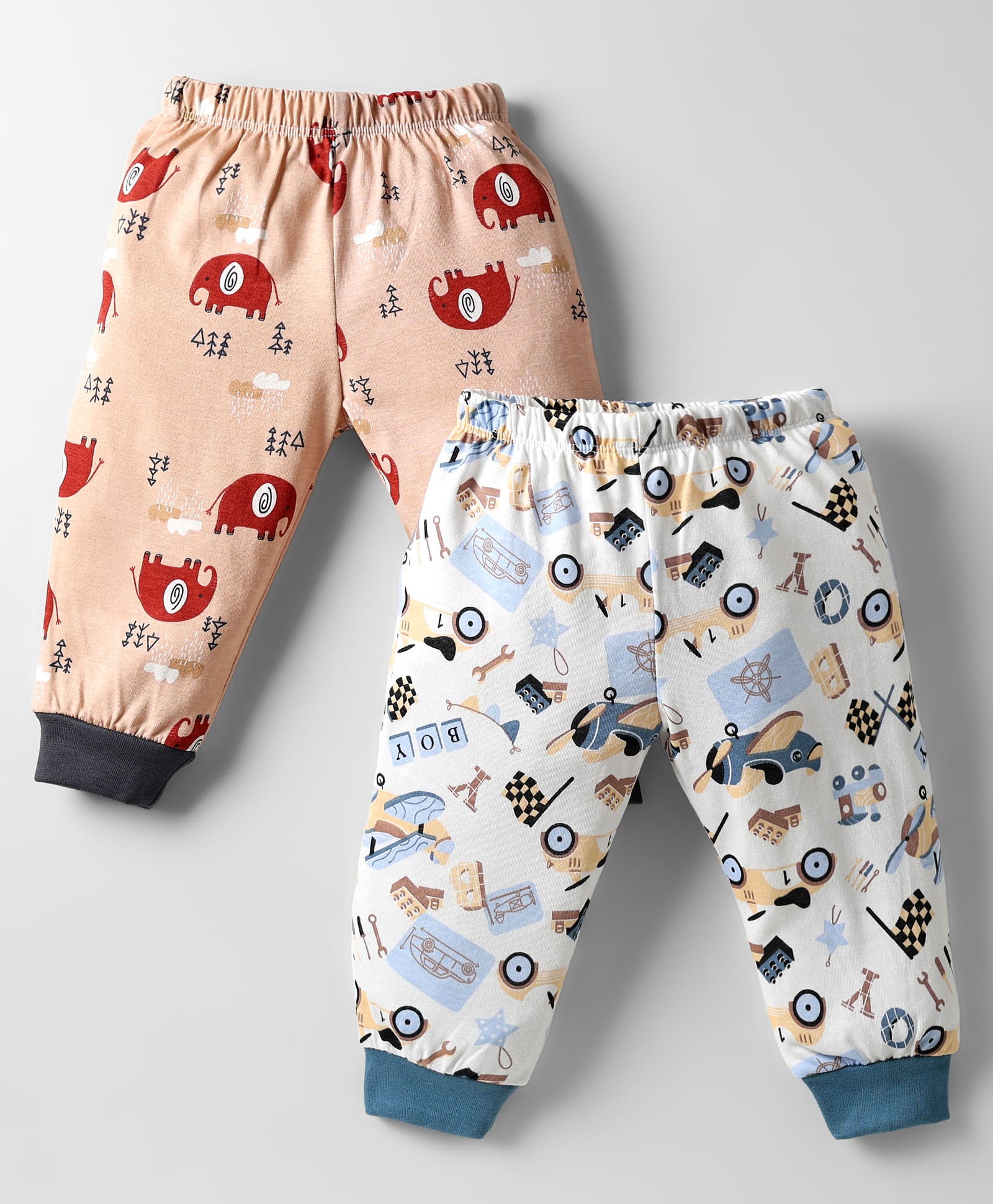 OHMS Single Jersey Knit Full Length Lounge Pant With Animal Print Pack Of 2 - White & Peach-image-39