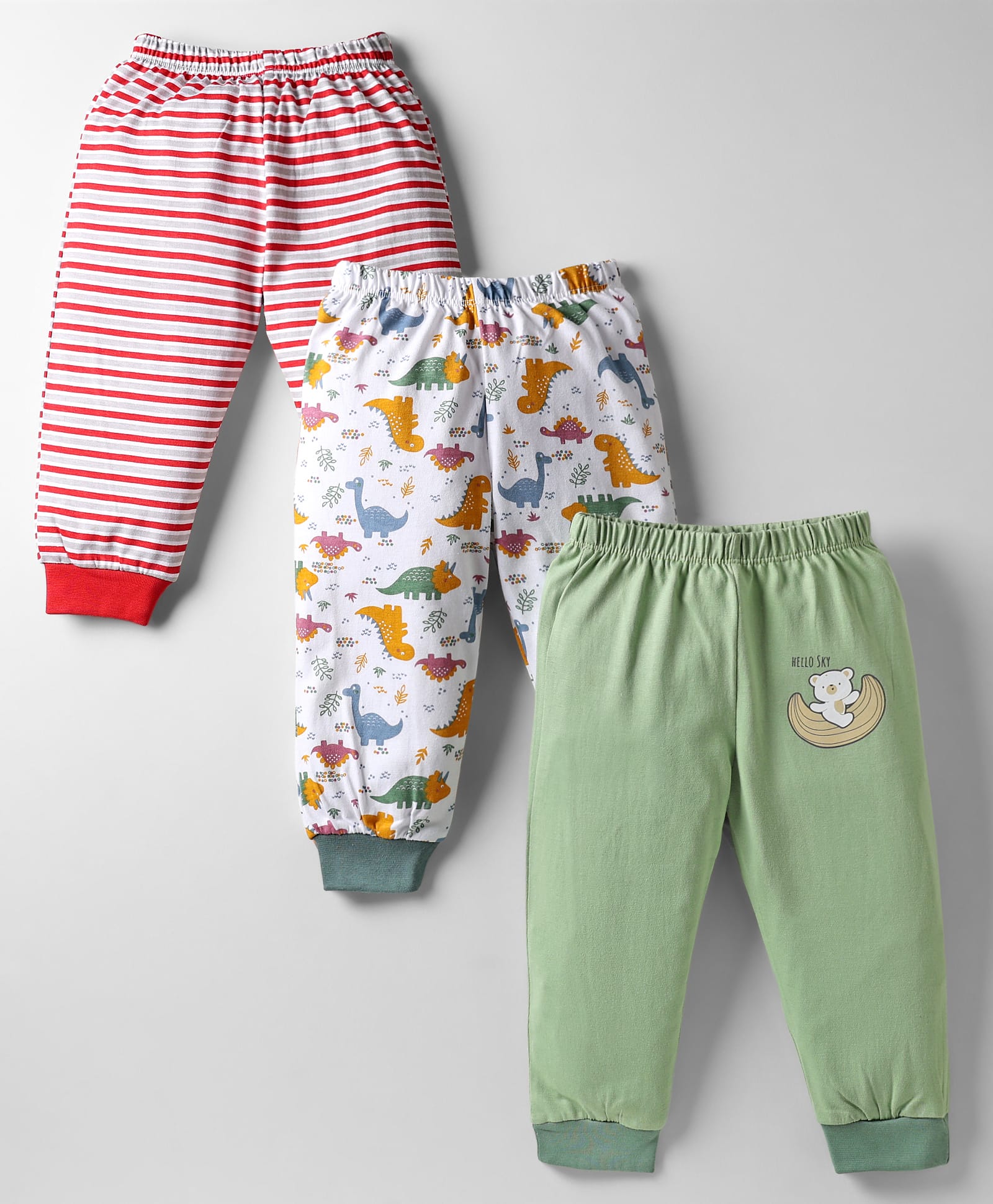 OHMS Single Jersey Knit Full Length Lounge Pants with Stripes & Dino Print Pack of 3 - Red White & Olive Green-image-16