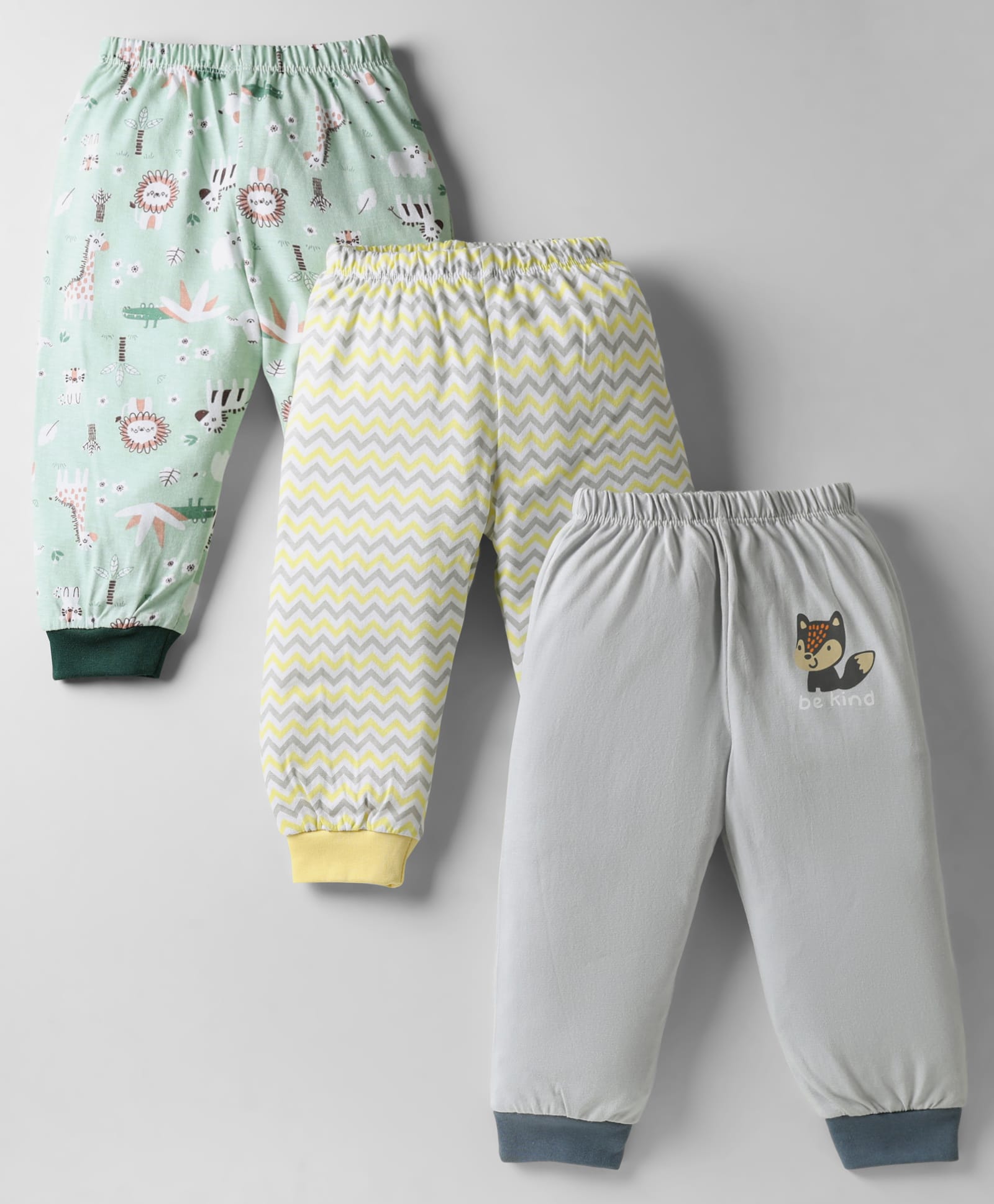 OHMS Single Jersey Knit Full Length Lounge Pant With Floral Pant Pack Of 3 - Grey Yellow & Light Green-image-3