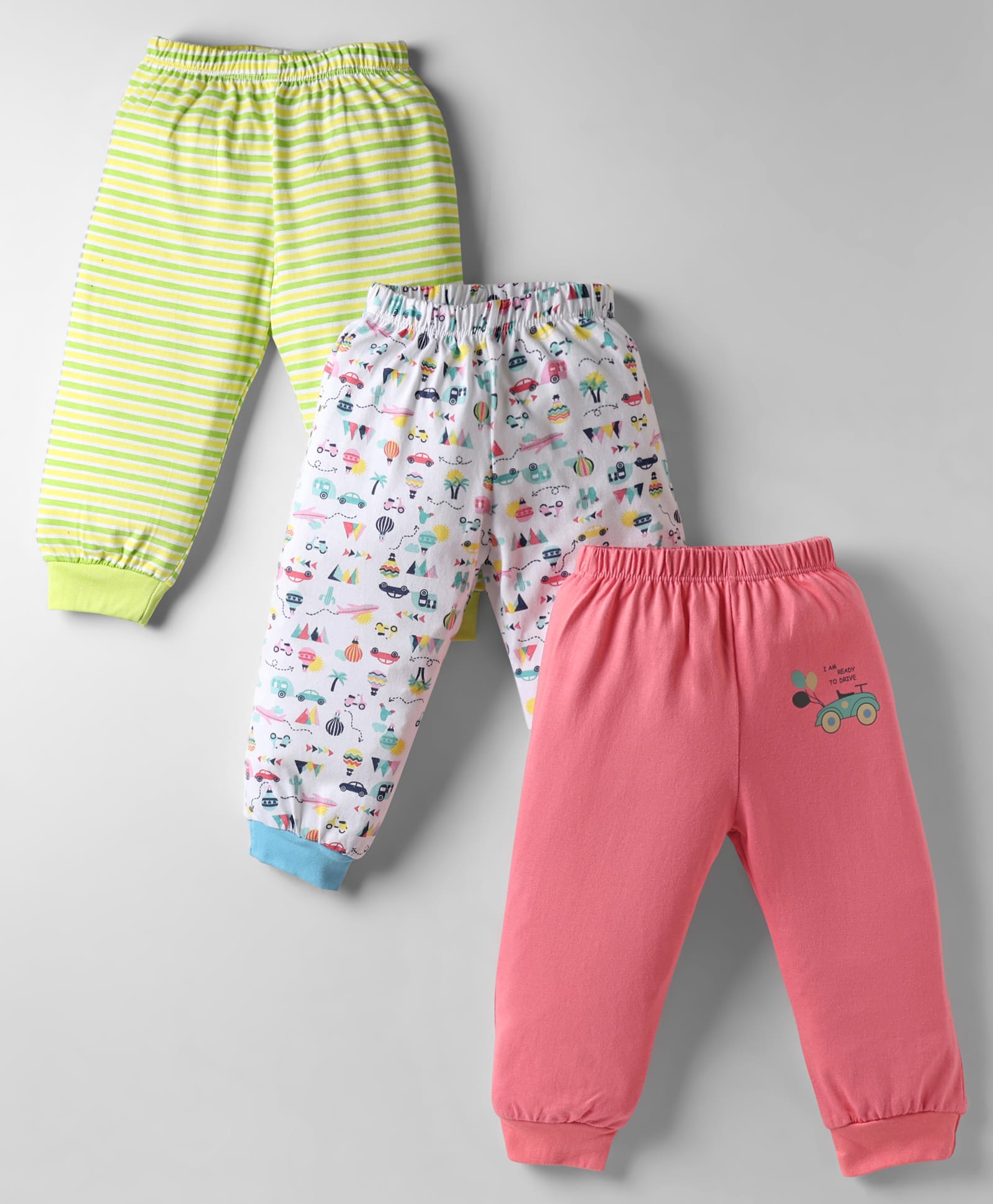 OHMS Single Jersey Knit Full Length Lounge Pant With Vehicle & Stripes Pack Of 3 - Pink White & Light Green-picture-36