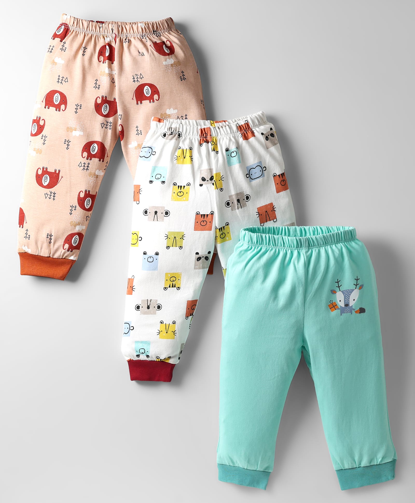 OHMS Single Jersey Knit Full Length Lounge Pant With Animal Print Pack Of 3 - Peach White & Sea Green-picture-12