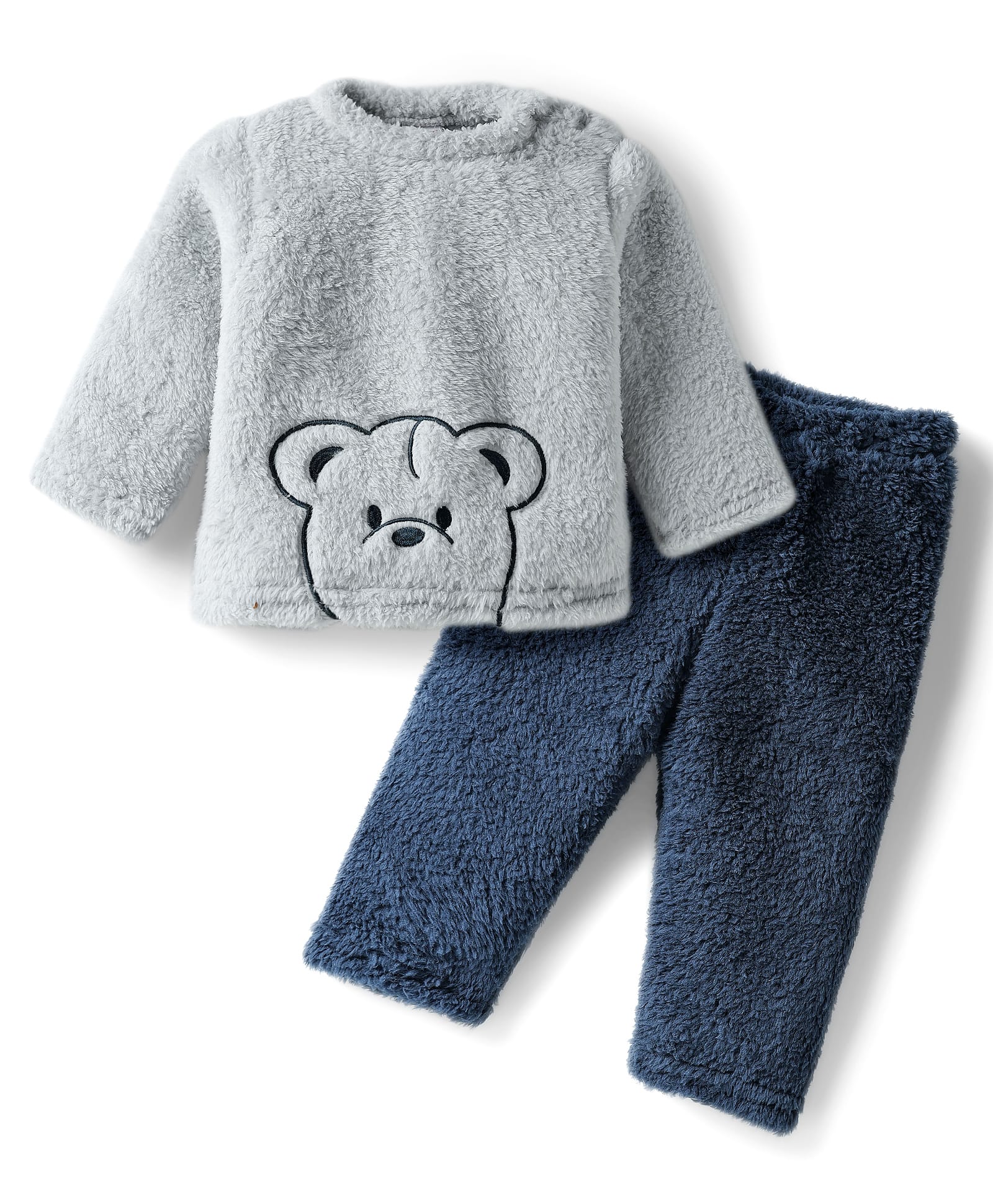 Babyhug Woven Full Sleeves Winter Wear Fur Sweatshirt & Lounge Pant Set with Bear Embroidery - Grey & Navy Blue-image-40