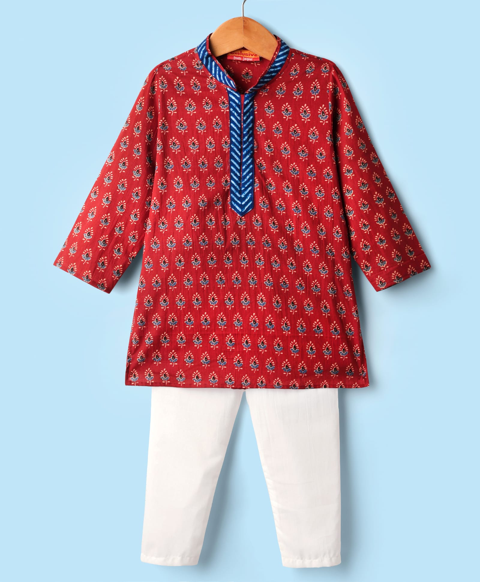 Exclusive from Jaipur Cotton Woven Full Sleeves Floral Printed Kurta Pyjama Set - Red & Off white-picture-13