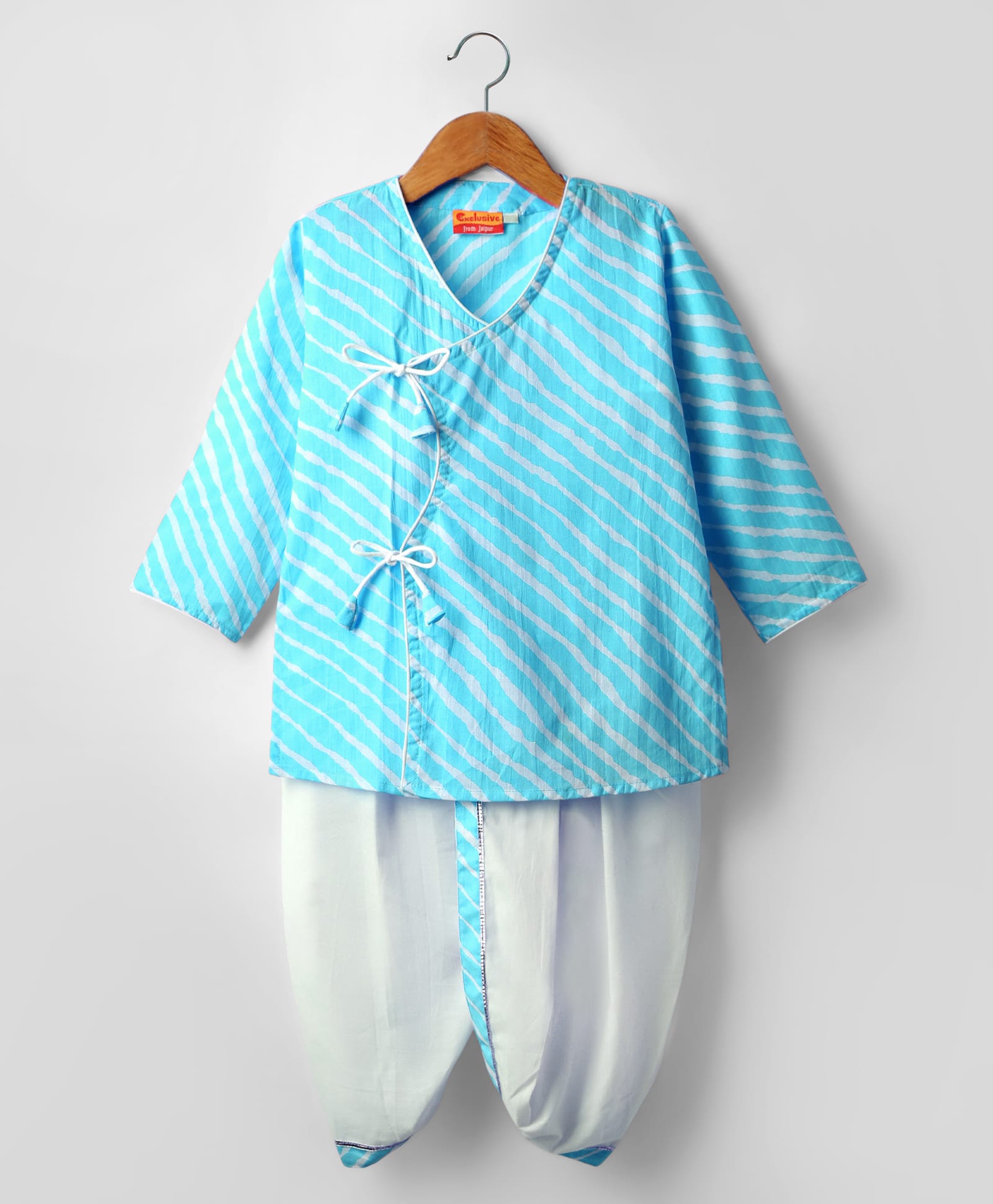 Exclusive from Jaipur Cotton Woven Full Sleeves Kurta Dhoti Set With Leheriya Design - Light Blue-image-38