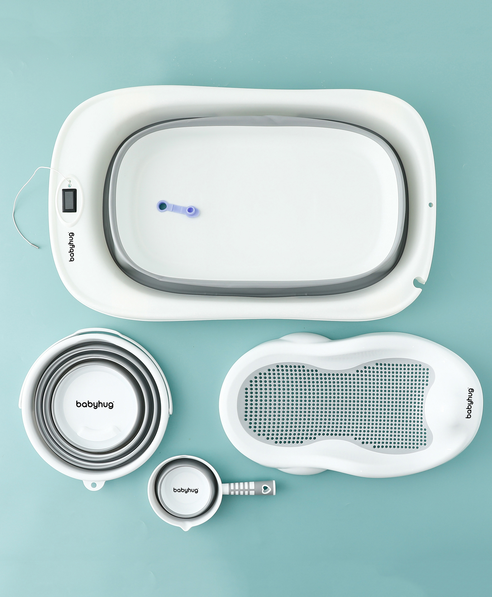 Babyhug Foldable Baby Bath Tub with Accessories - Grey| Drain Plug for Easy Cleaning| Removable Bath Rack| Foldable Bath | Foldable Bath Mug with Handle