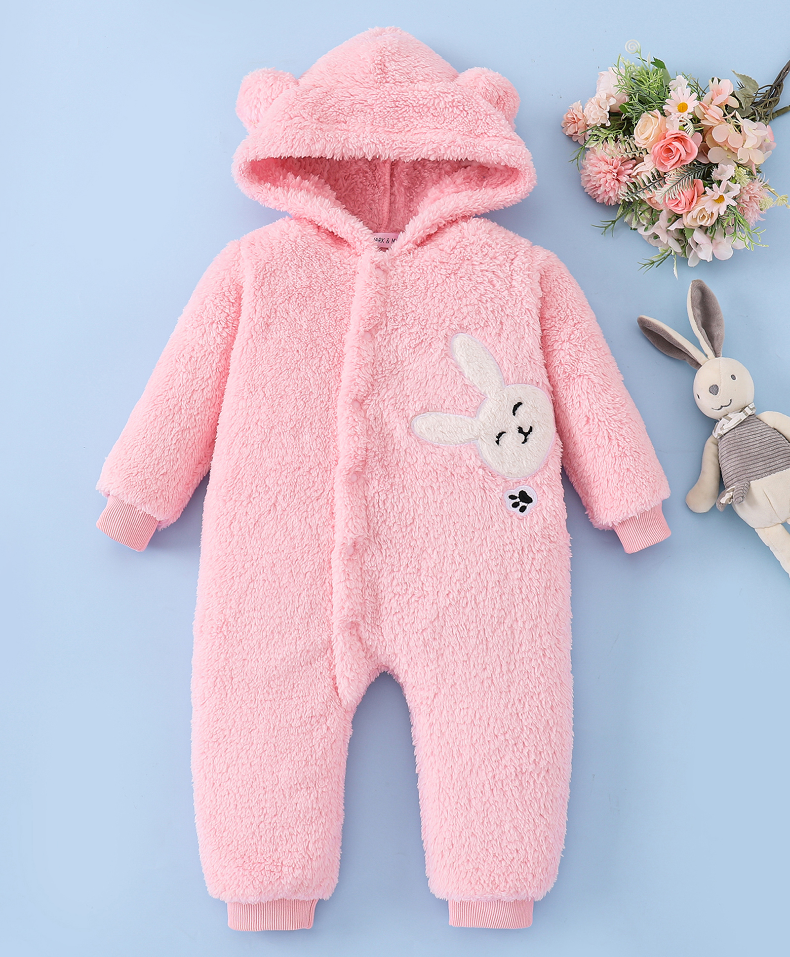 Mark & Mia Full Sleeves Winter Wear Hooded Romper with Bunny Patch & Applique - Pink-picture-28