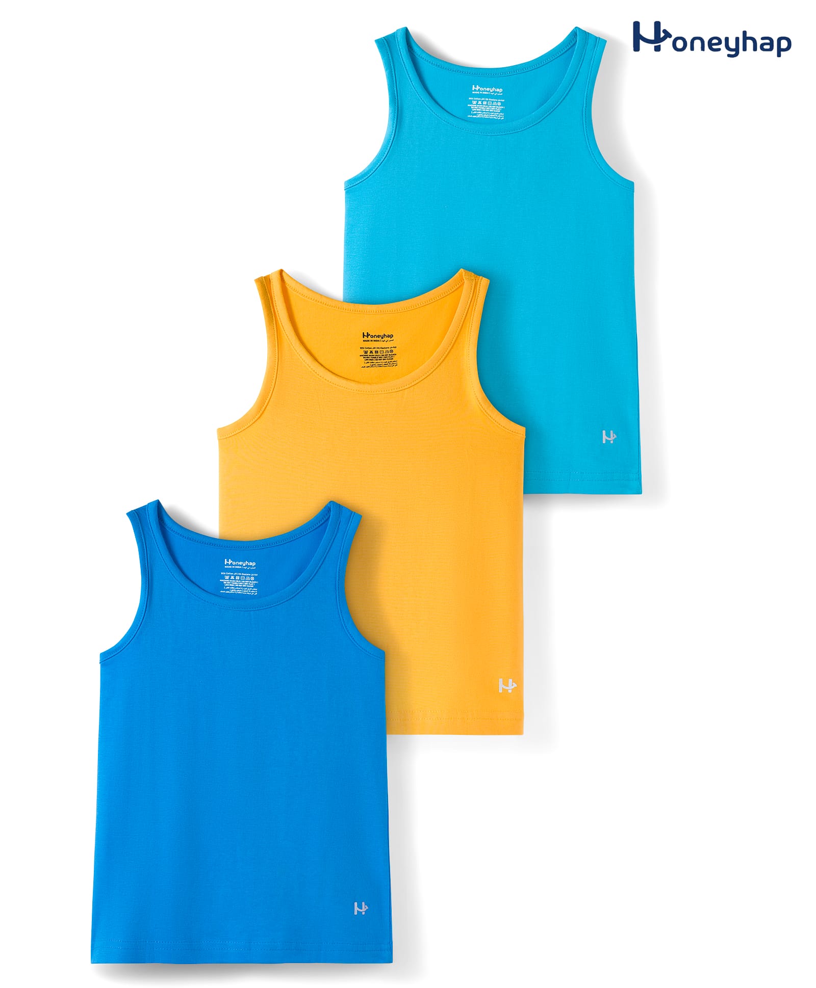 Honeyhap Premium Cotton Spandex Knit Sleeveless Solid Color Vests with Bio Finish Pack of 3 - Banana Indigo Bunting & Scuba Blue-image-37