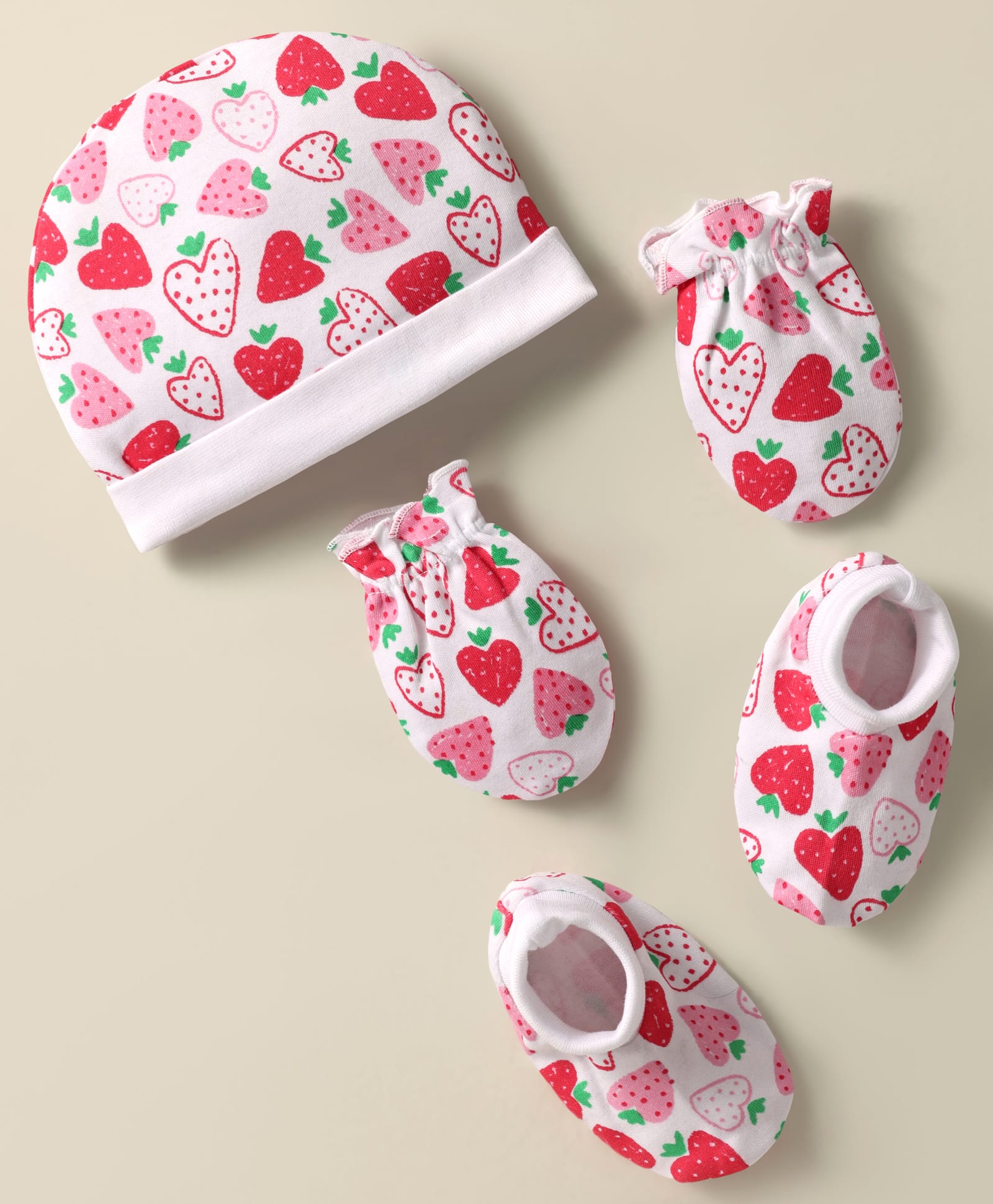 Babyhug 100% Cotton Knit Cap Mittens & Booties Set with Strawberry Print White - Diameter 11.5 cm-image-6