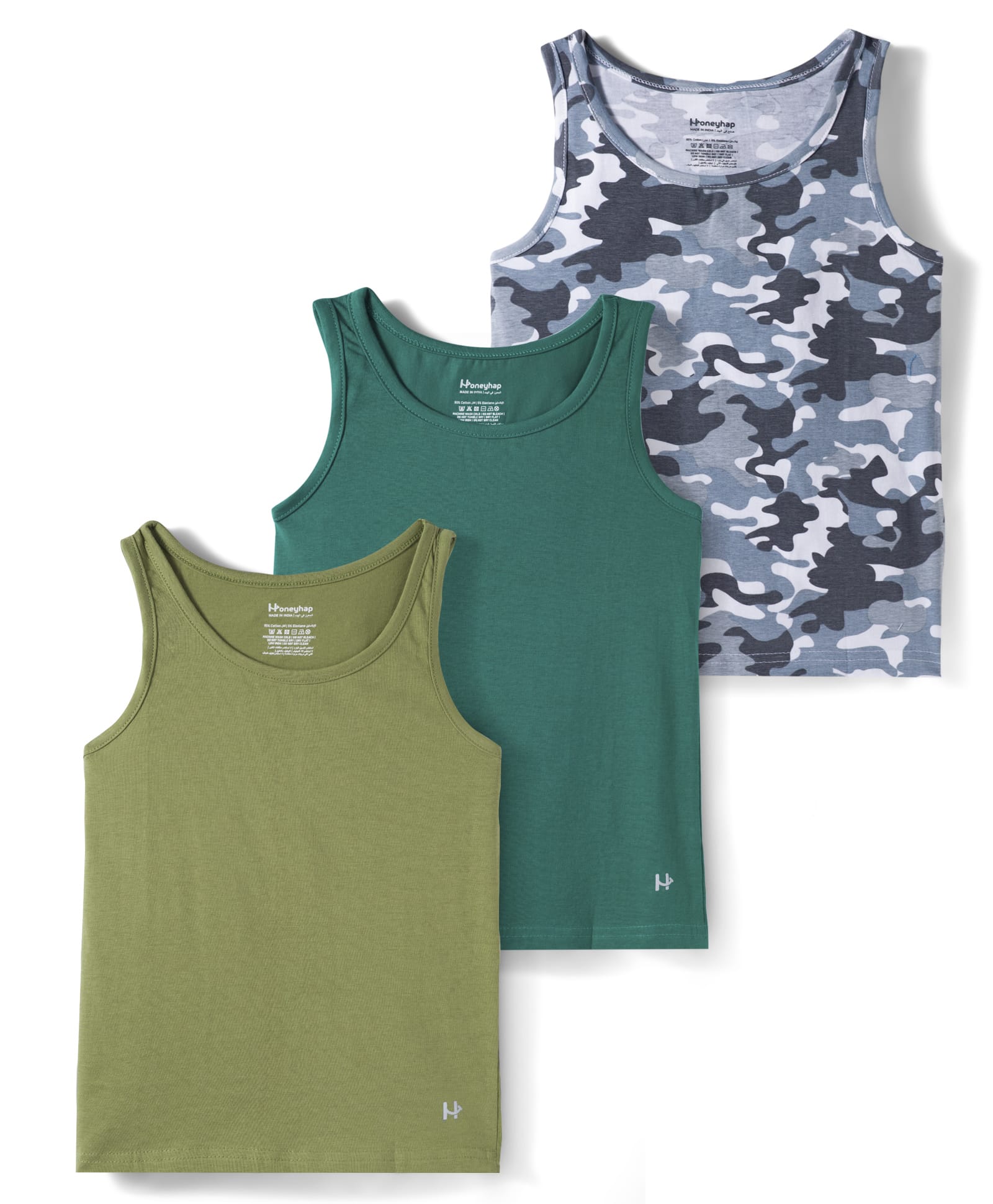 Honeyhap Premium Knit Sleeveless Vests With Bio Finish & Camouflage Print Pack of 3 - Cadmium Green Bright White & Iguana-image-45
