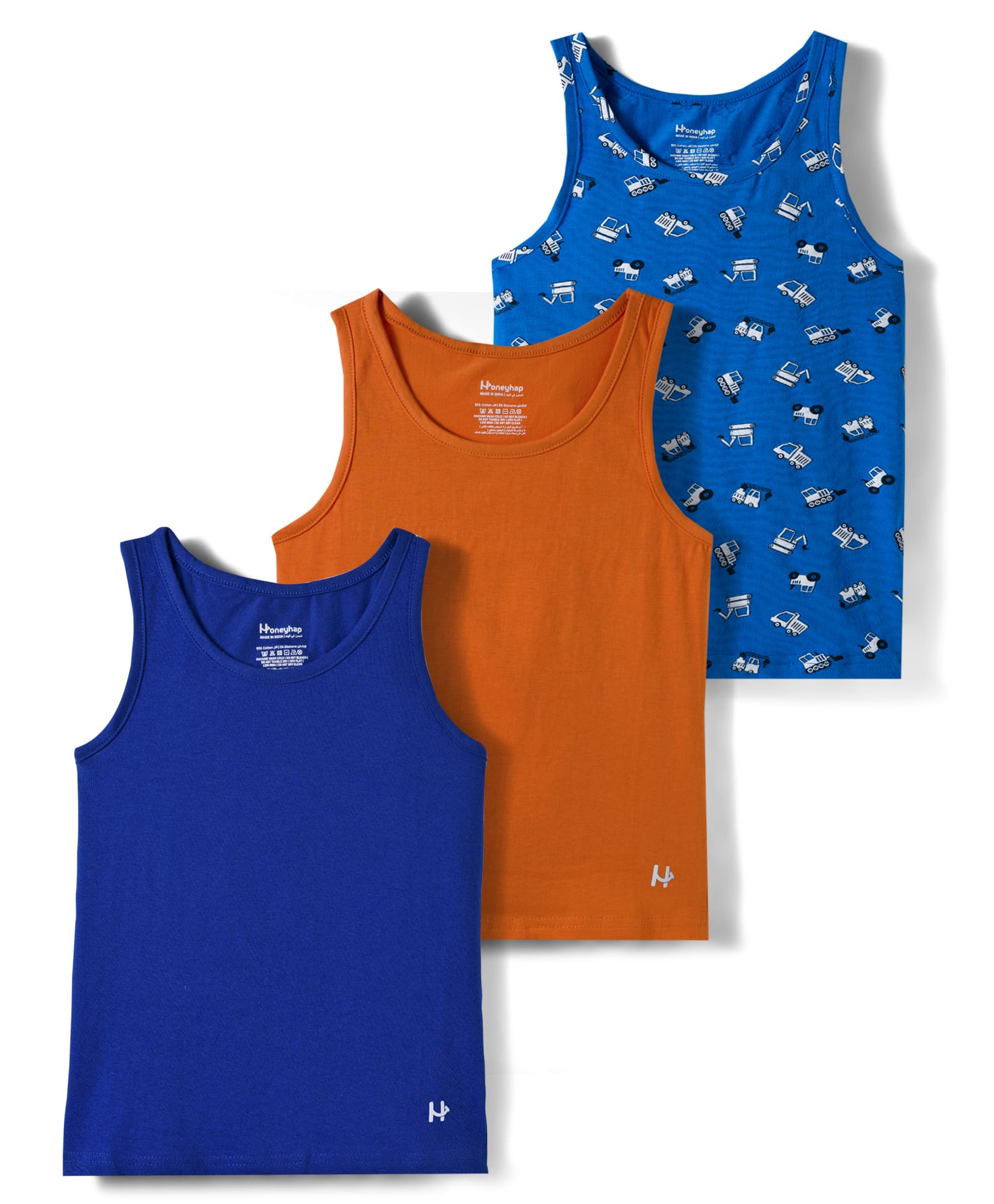 Honeyhap Premium Knit Sleeveless Vests With Bio Finish & Vehicle Print Pack of 3 - Russet Orange Indigo Bunting & Limoges-picture-14