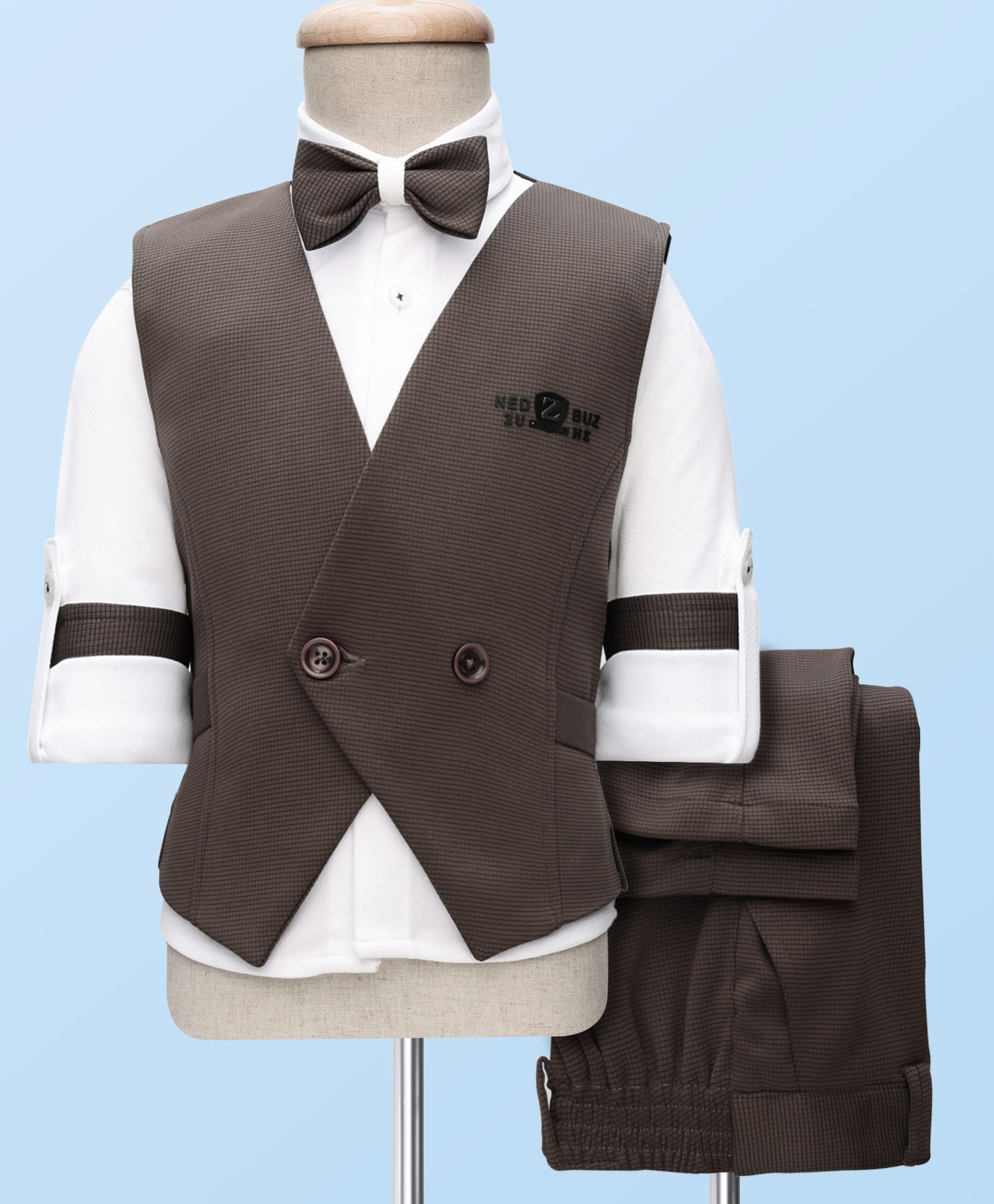 Rikidoos Full Sleeves Textured 3 Piece Party Suit Set With Bow Set - Coffee & White-picture-27