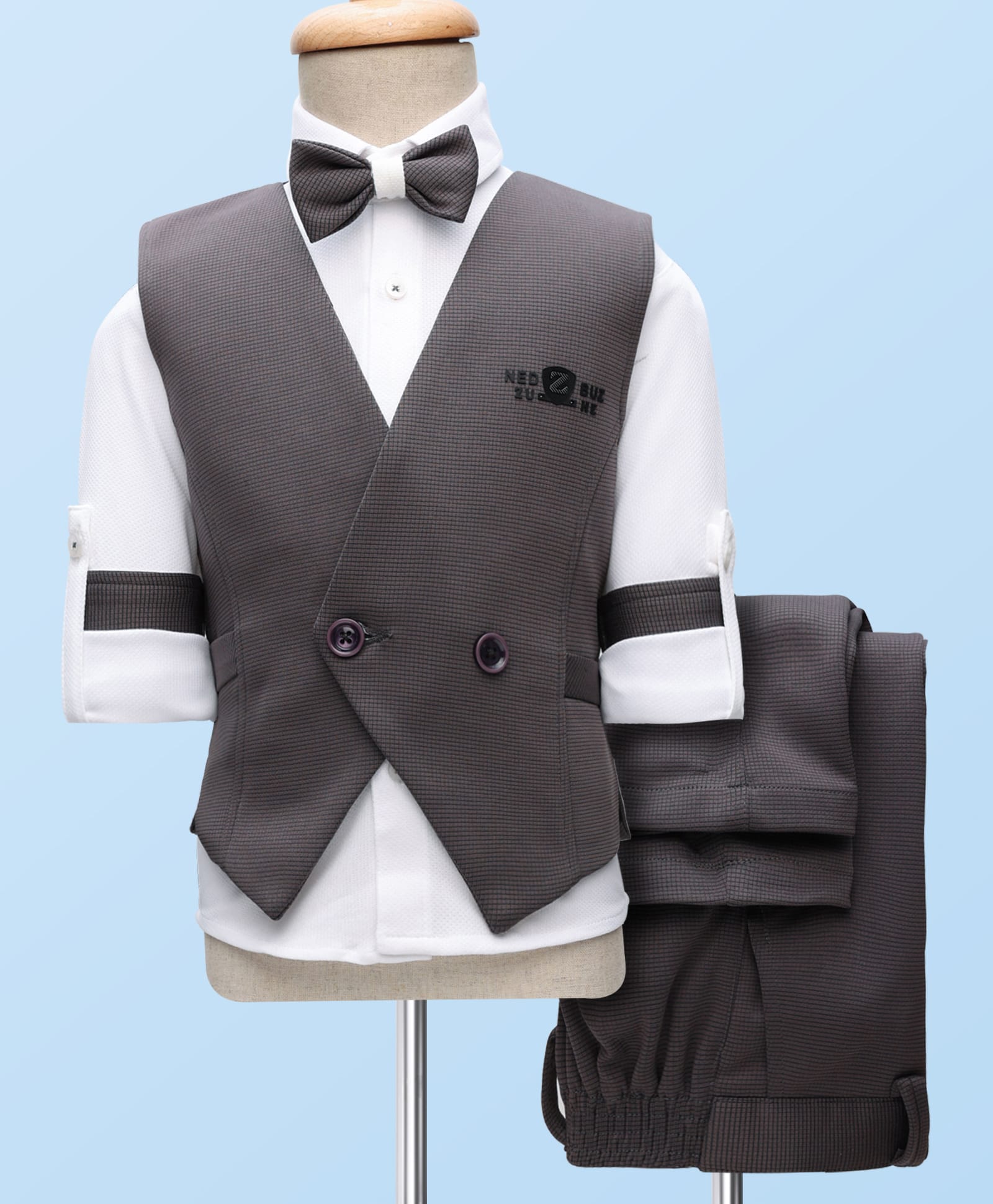 Rikidoos Full Sleeves Typography Patch Detailed 3 Piece Party Suit With Bow Set - Dark Grey & White-image-33