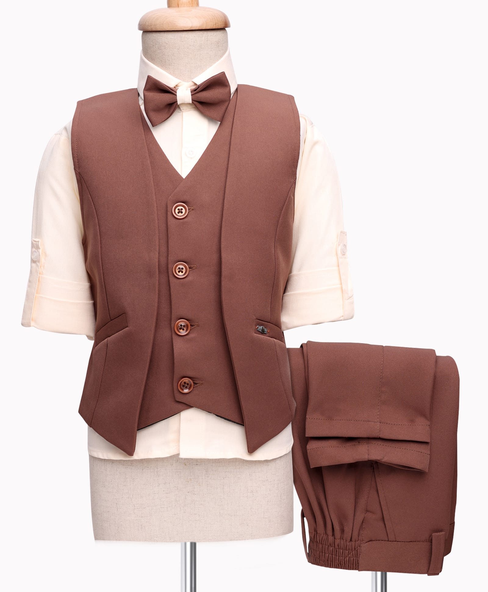 Rikidoos Full Sleeves Solid 3 Piece Party Suit With Bow Set - Brown & Cream-picture-22