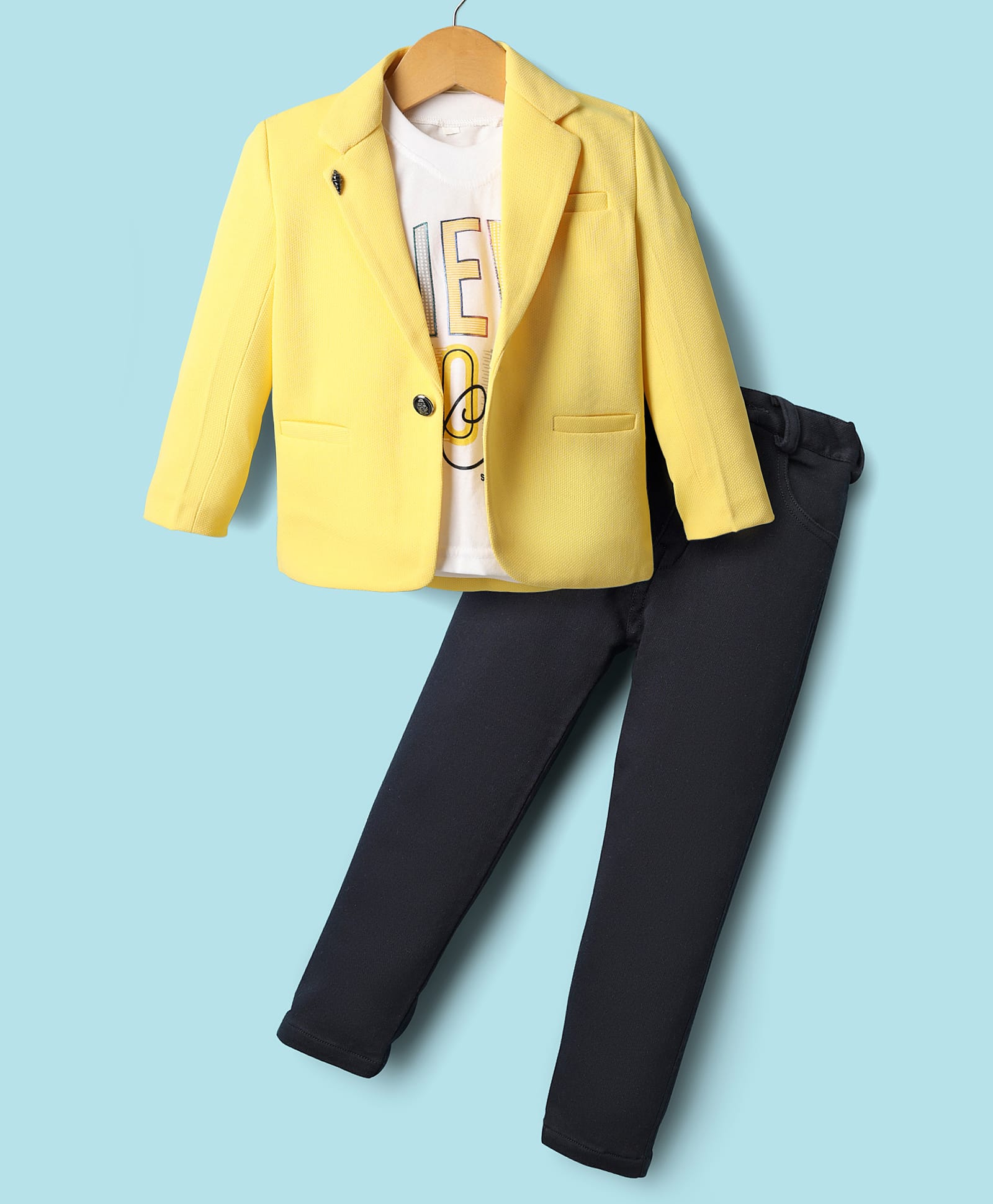 Rikidoos Full Sleeves Textured Blazer With New York City Text Printed Tee & Pant Set - Yellow & Navy Blue-picture-29