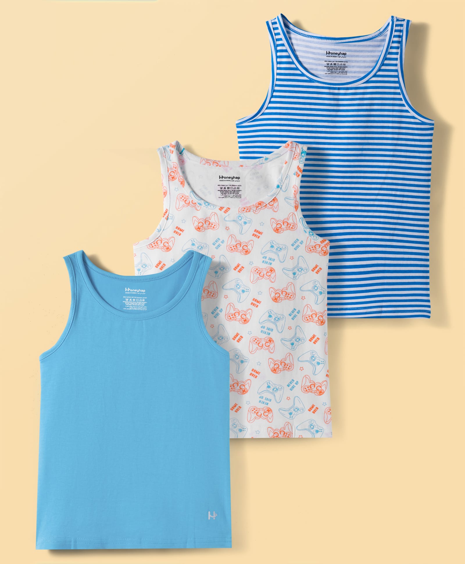 Honeyhap Premium Knit Sleeveless Text Printed Vests With Bio Finish & Stripes Pack of 3 - Scuba Blue & Bright White-picture-13