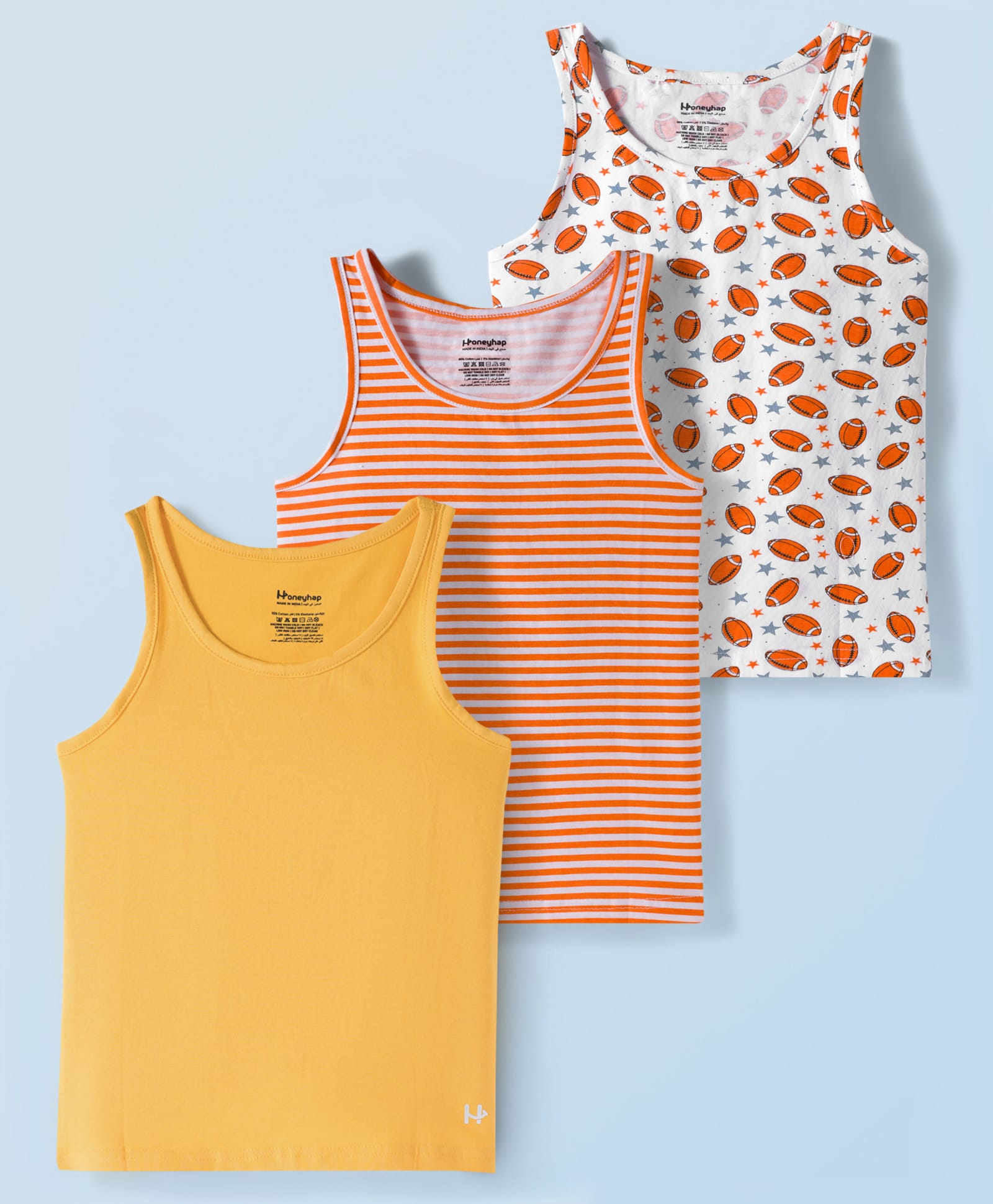 Honeyhap Premium Knit Sleeveless Ball Printed Vests With Bio Finish & Stripes Pack of 3 - Banana & Bright White-picture-11