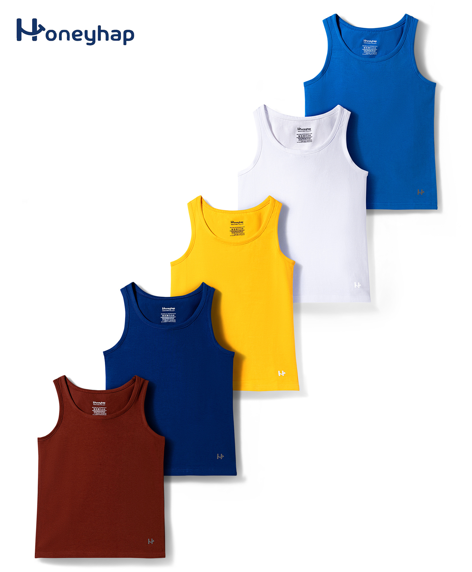 Honeyhap Premium Cotton Spandex Knit Sleeveless Solid Colour Vests Pack of 5 - Cherry Mahogany Indigo Blue & Bright White-image-39