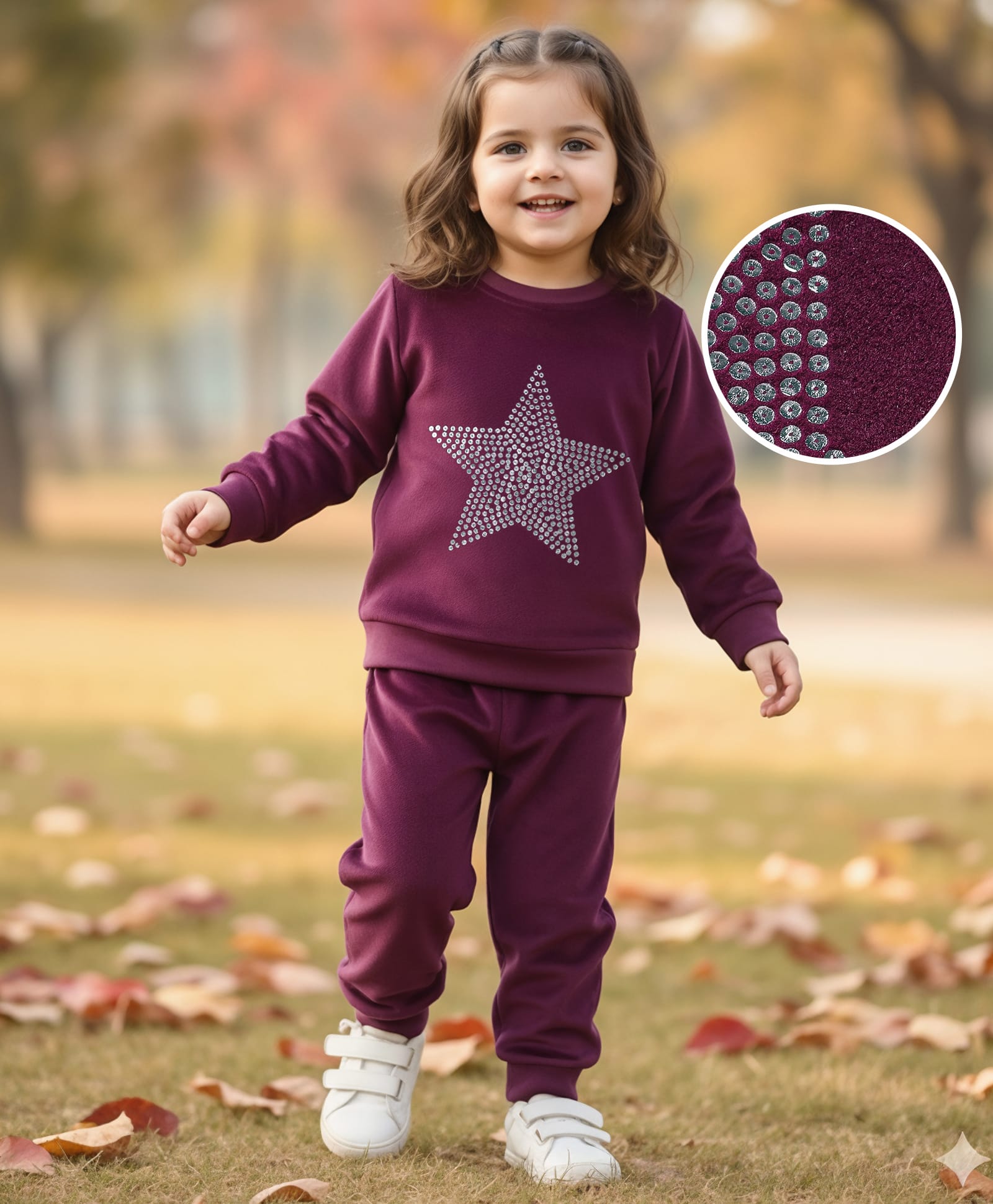 Babyhug Velour Woven Full Sleeves Winter Wear T-Shirt & Lounge Pant Set With Foil Star Print - Wine
