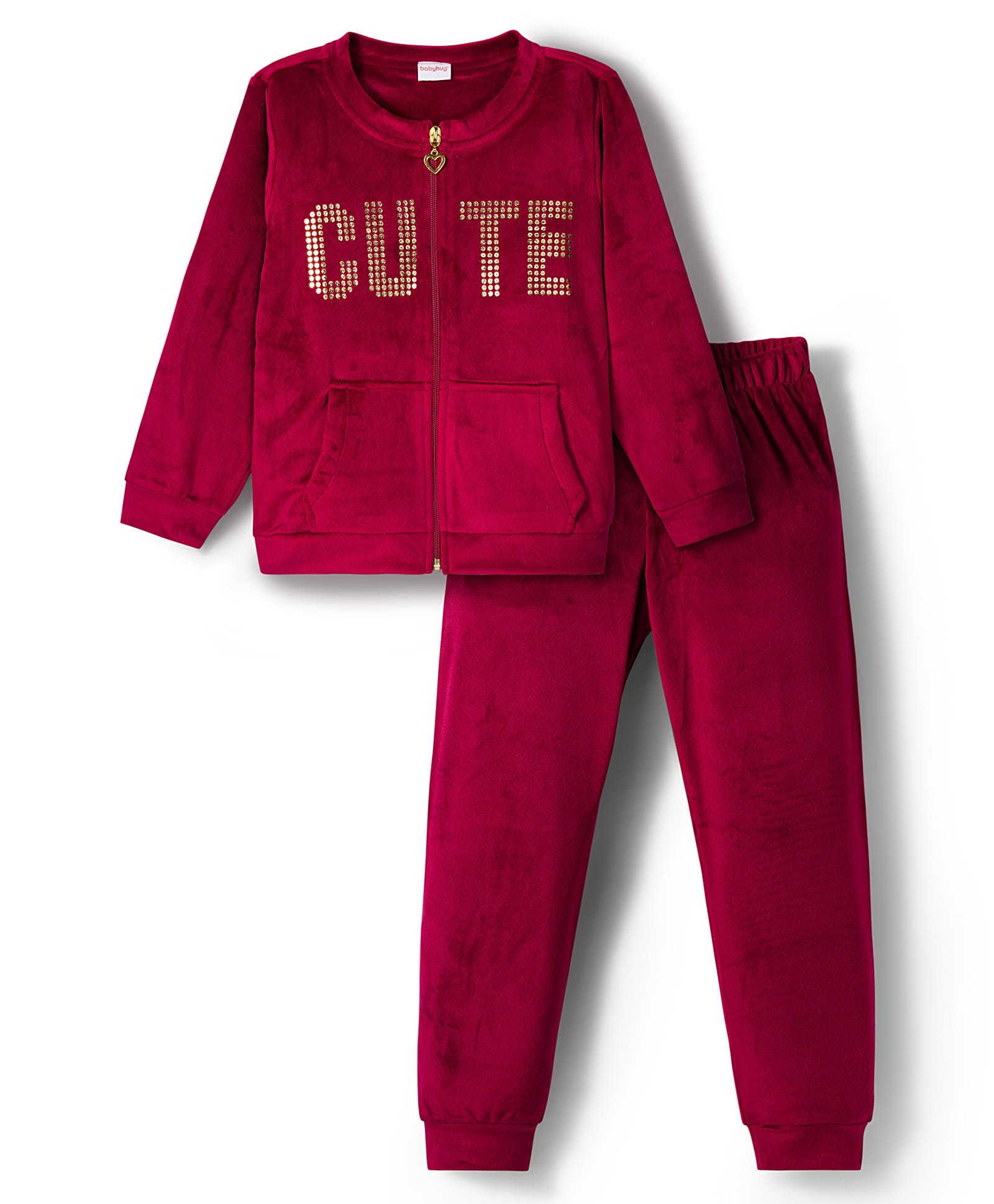 Babyhug Velour Woven Full Sleeves Winter Wear Suit Set With Cute Text Squined with Kangaroo Pocket - Maroon