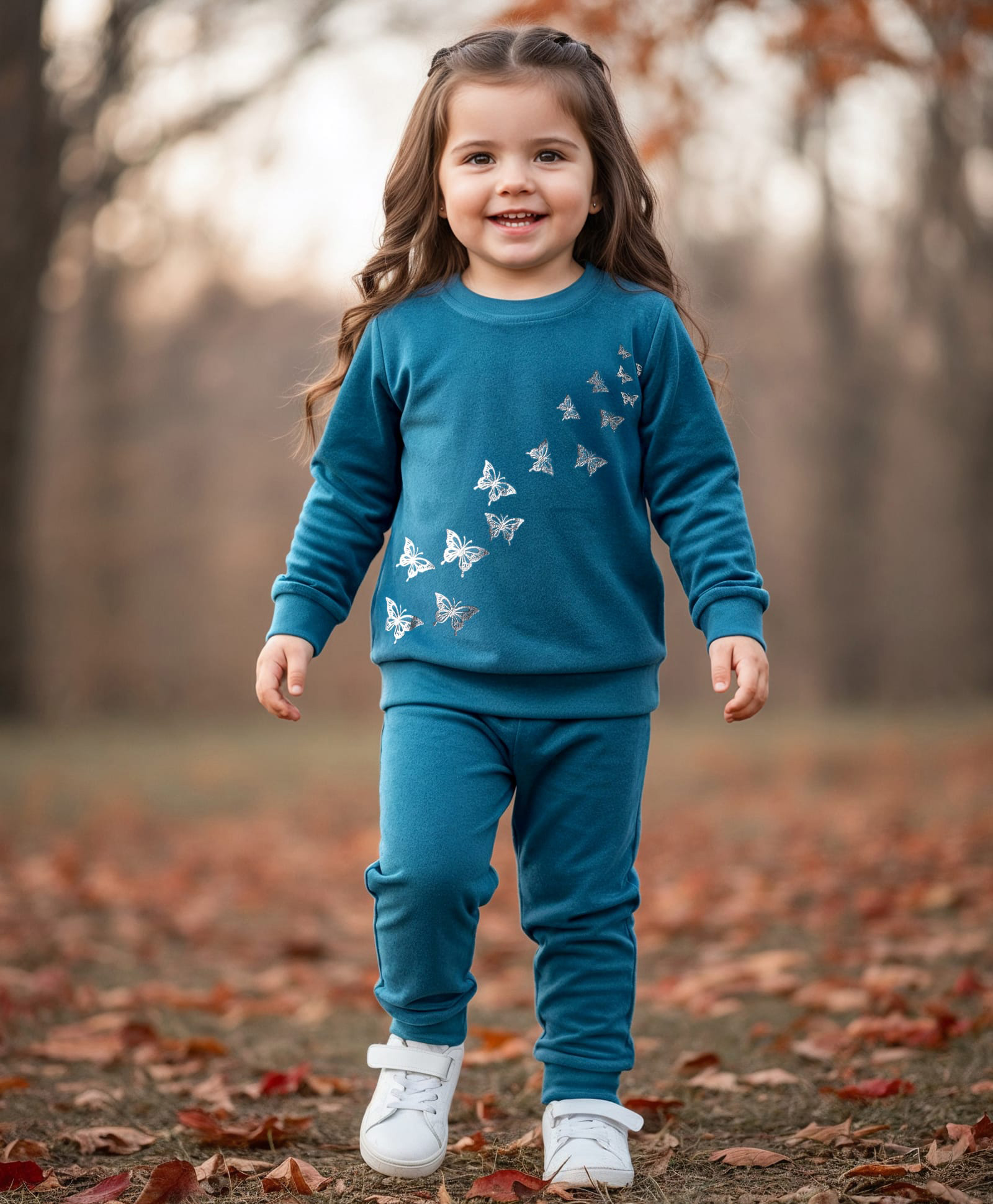Babyhug Velour Woven Full Sleeves Butterfly Foil Printed Winter Wear Suit - Teal Blue-image-29