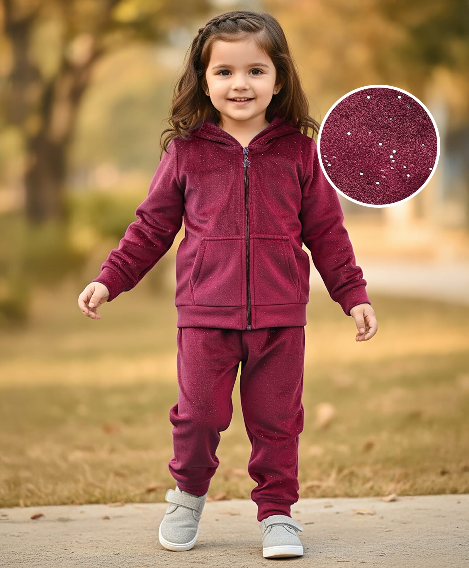 Babyhug Velour Woven Full Sleeves Shimmered Hooded Sweatshirt & Jogger Set with Kangaroo Pocket - Maroon-image-22