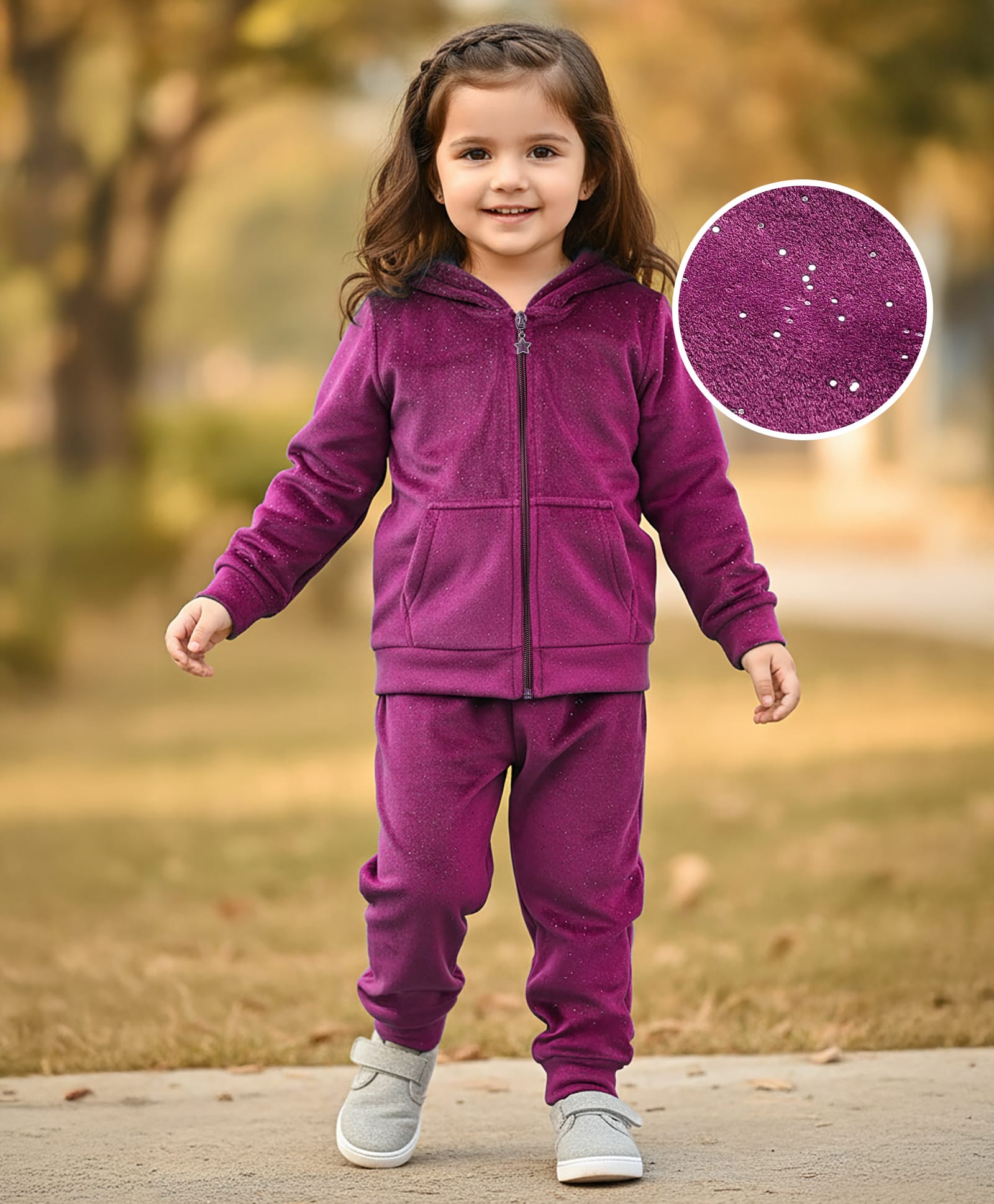 Babyhug Velour Woven Full Sleeves Shimmered Hooded Sweatshirt & Jogger Set with Kangaroo Pocket - Wine-image-23