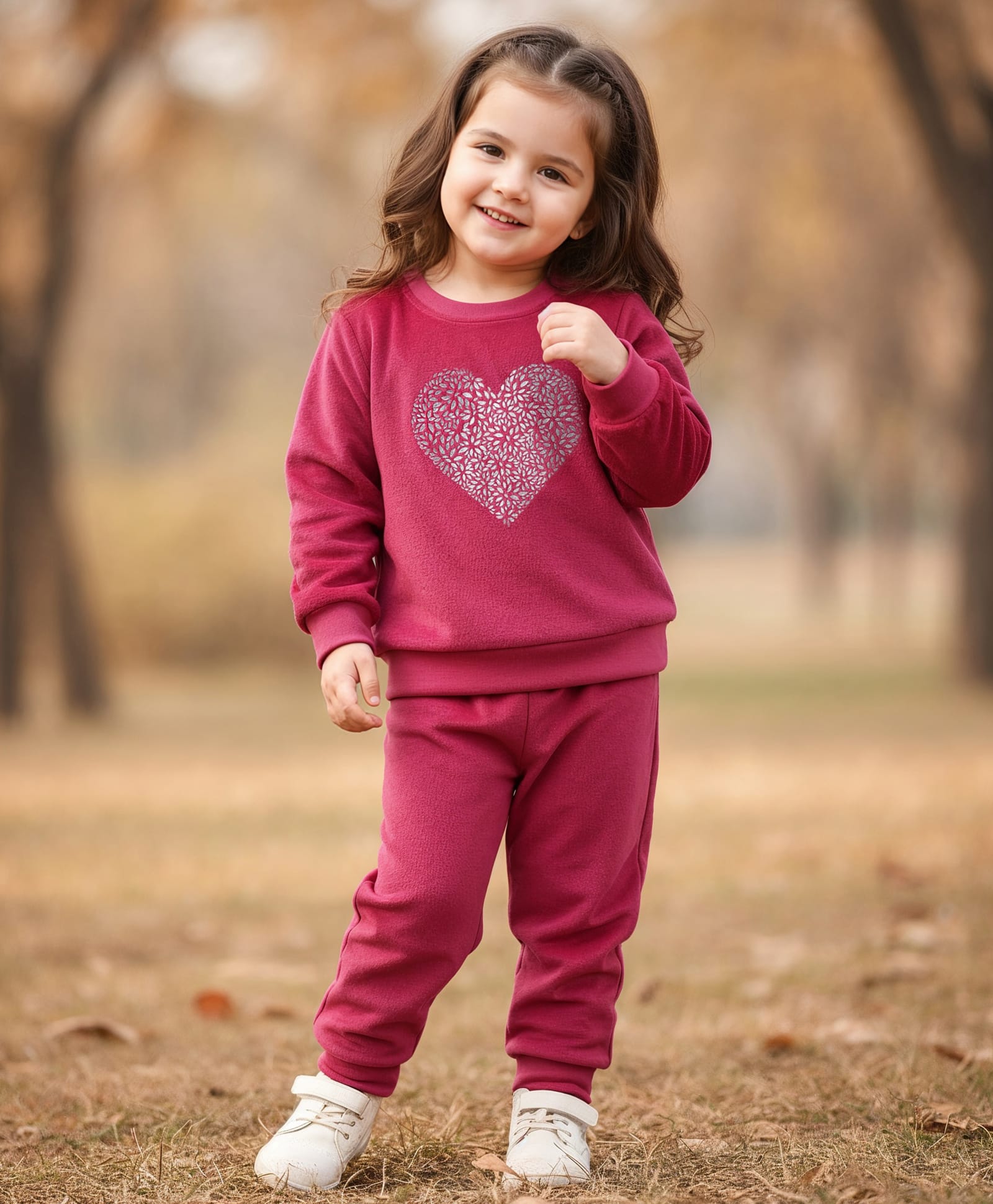 Babyhug Velour Woven Full Sleeves Winter Wear T-Shirt & Lounge Pant Set With Heart Embroidery - Fuchsia