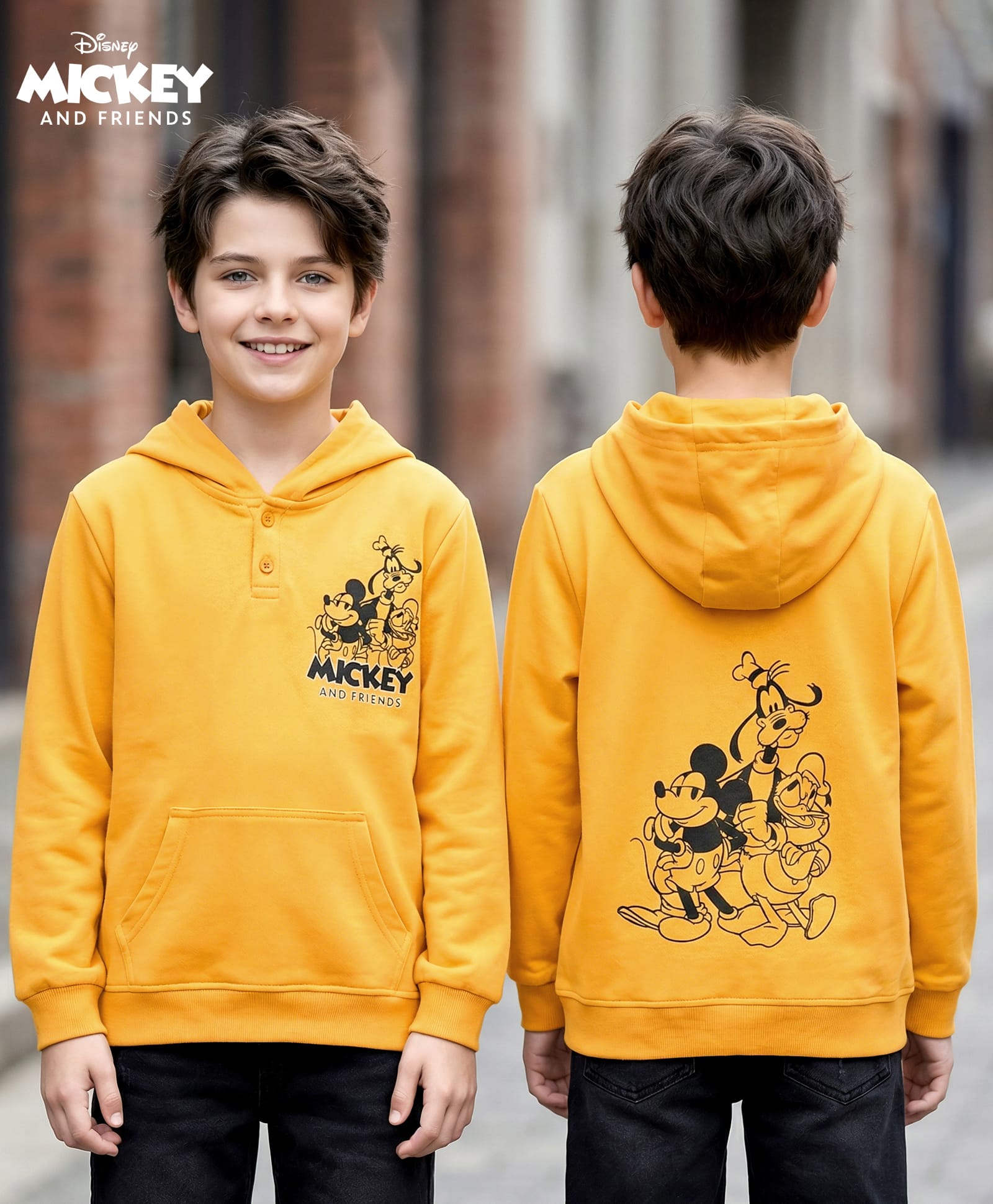 HoneyHap Disney Terry Knit Full Sleeves Hooded Sweatshirt With Front & Back Mickey Mouse & Friends Graphics & Kangaroo Pockets - Yellow-image-47