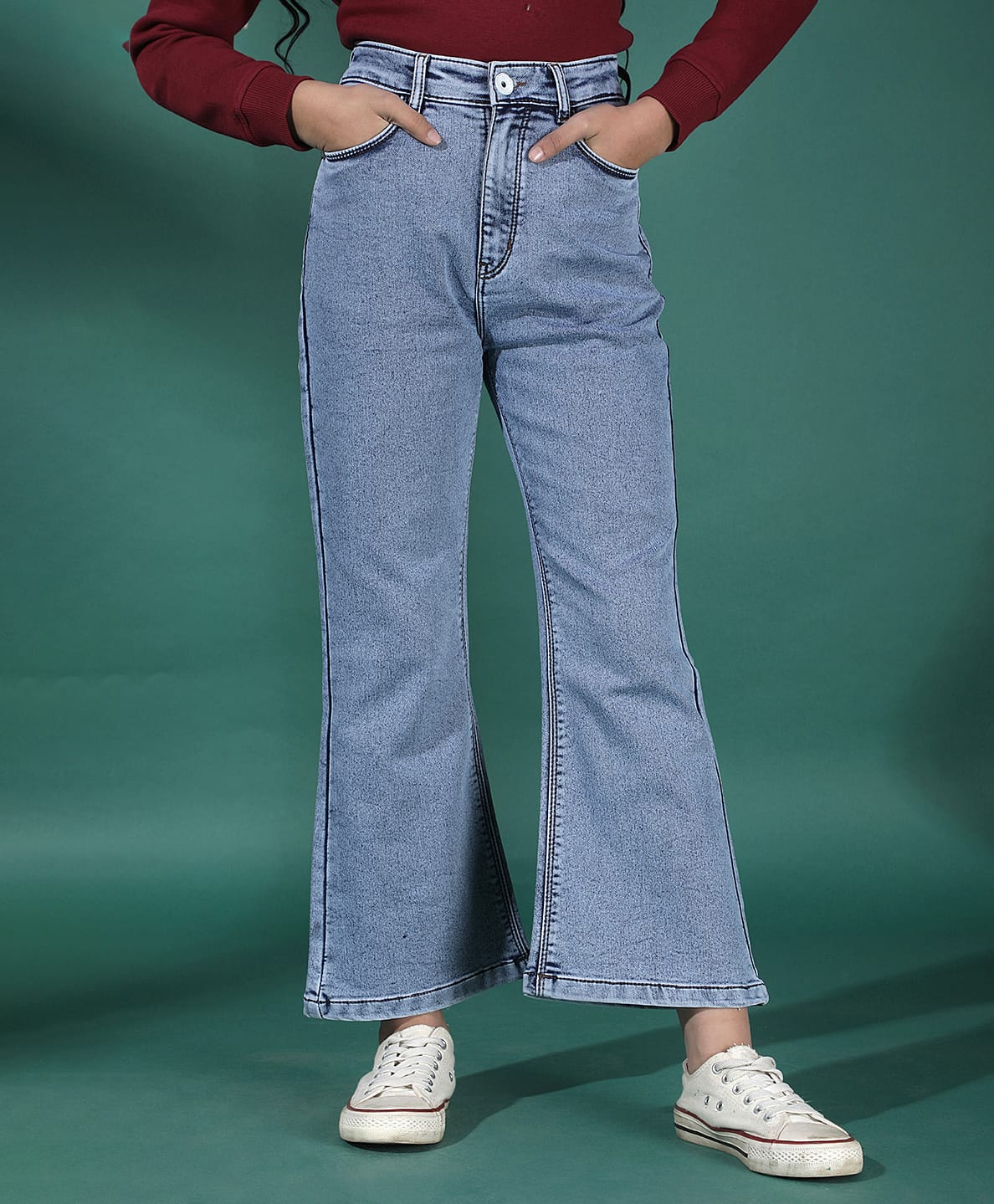 CRIMSOUNE CLUB Cotton Woven Solid Bootcut Jeans - Blue-picture-24
