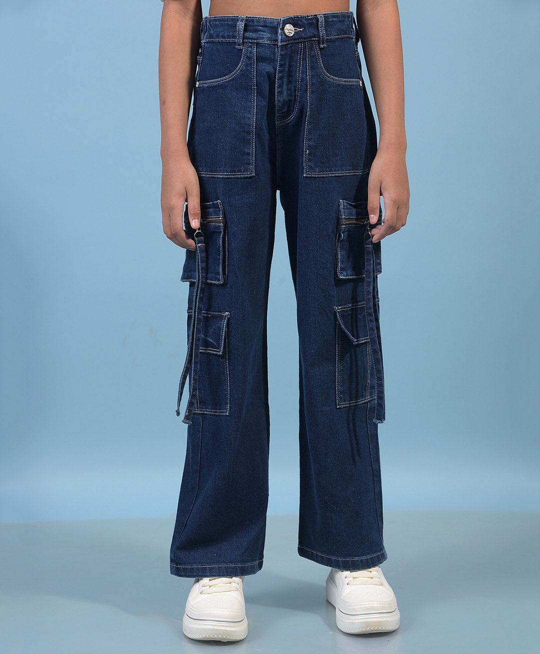 CRIMSOUNE CLUB Cotton Woven Solid Cargo Jeans - Blue-picture-22