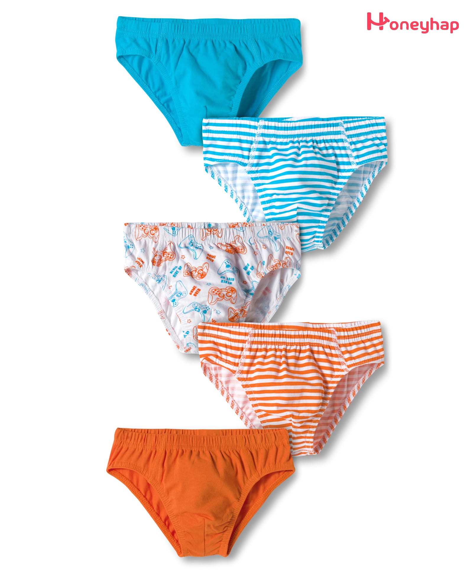 Honeyhap Premium 100% Cotton Elastane Knit with Bio Finish Briefs with Stripes Solid & Gaming Print Pack of 5 - Bright White Russet Orange & Scuba Blue-image-15