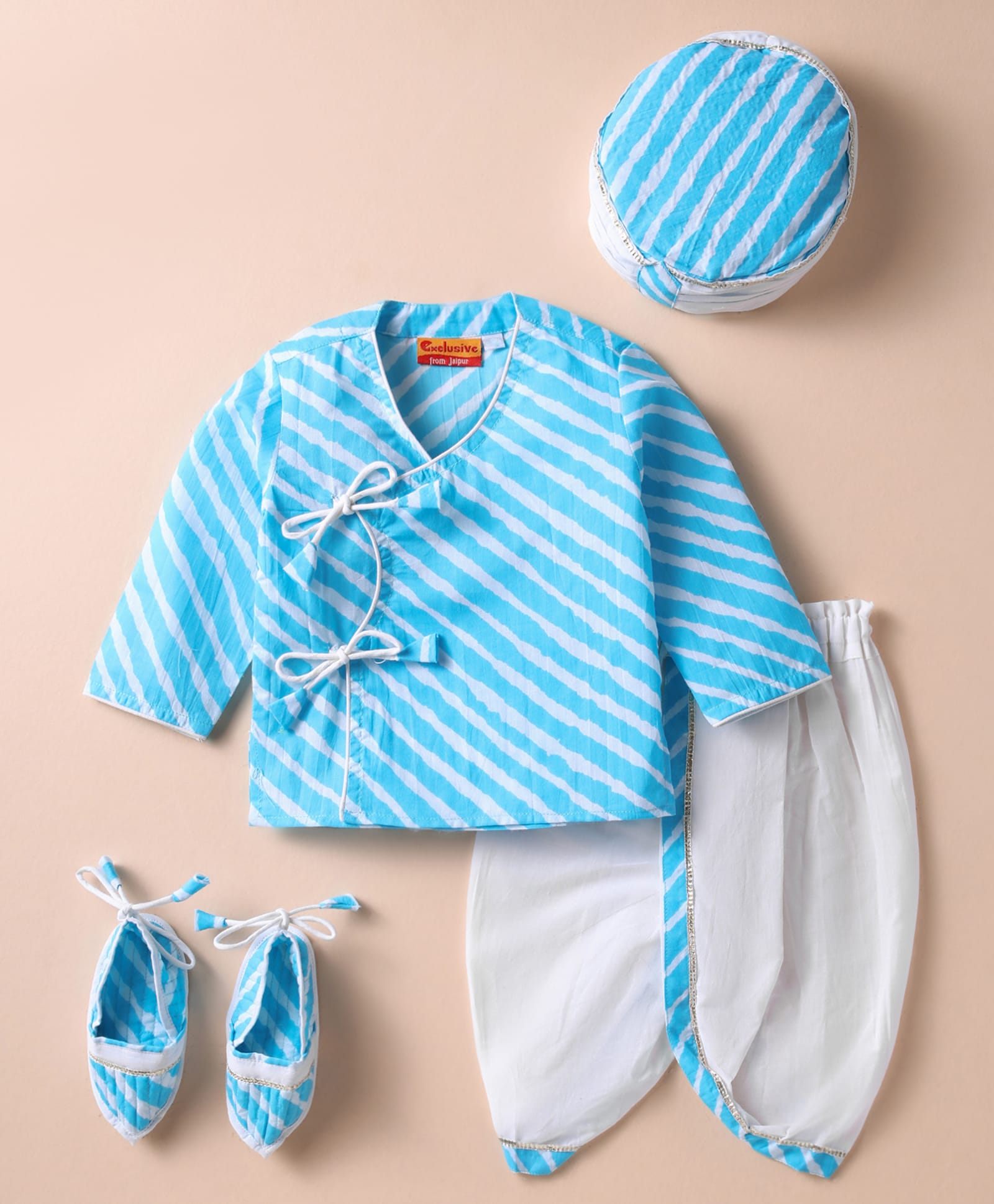 Exclusive from Jaipur Cotton Woven Full Sleeves Striped Kurta Dhoti Set With Booties & Hat - Light Blue & White-picture-21