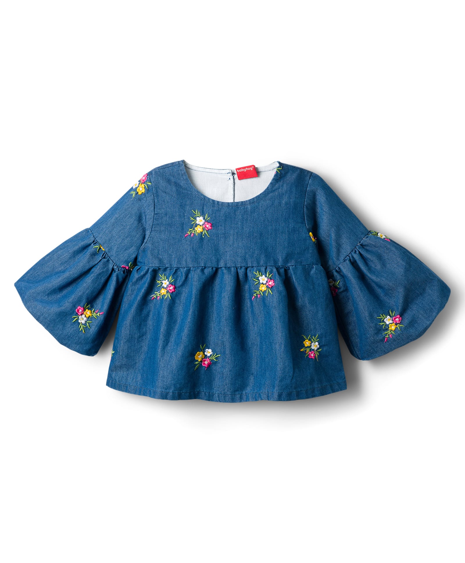Babyhug Denim Woven Full Bell Sleeves Top with Floral Embroidery - Blue-image-26