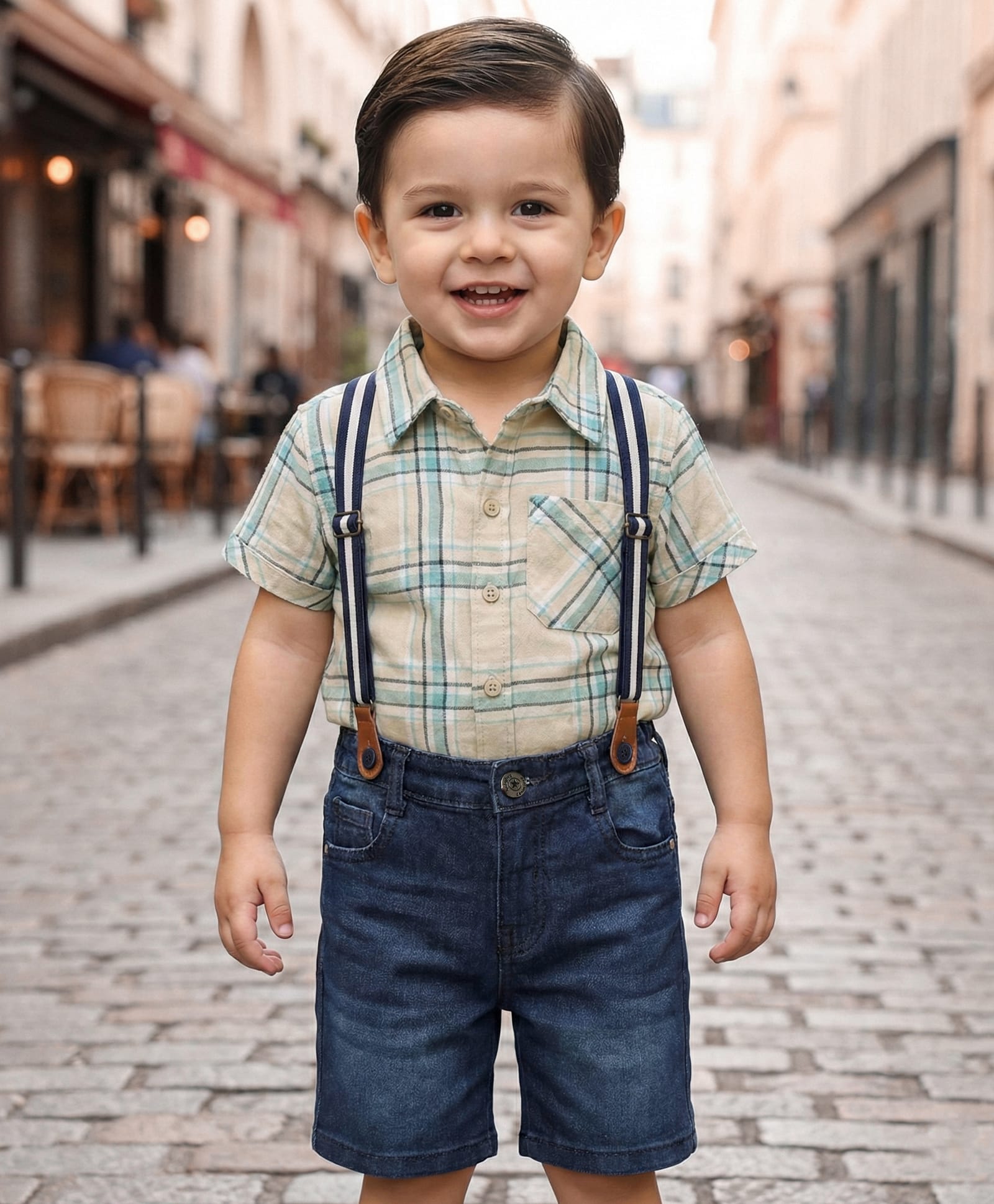 Babyhug Cotton Woven Half Sleeves Checkered Shirt & Shorts Set with Suspender - Blue