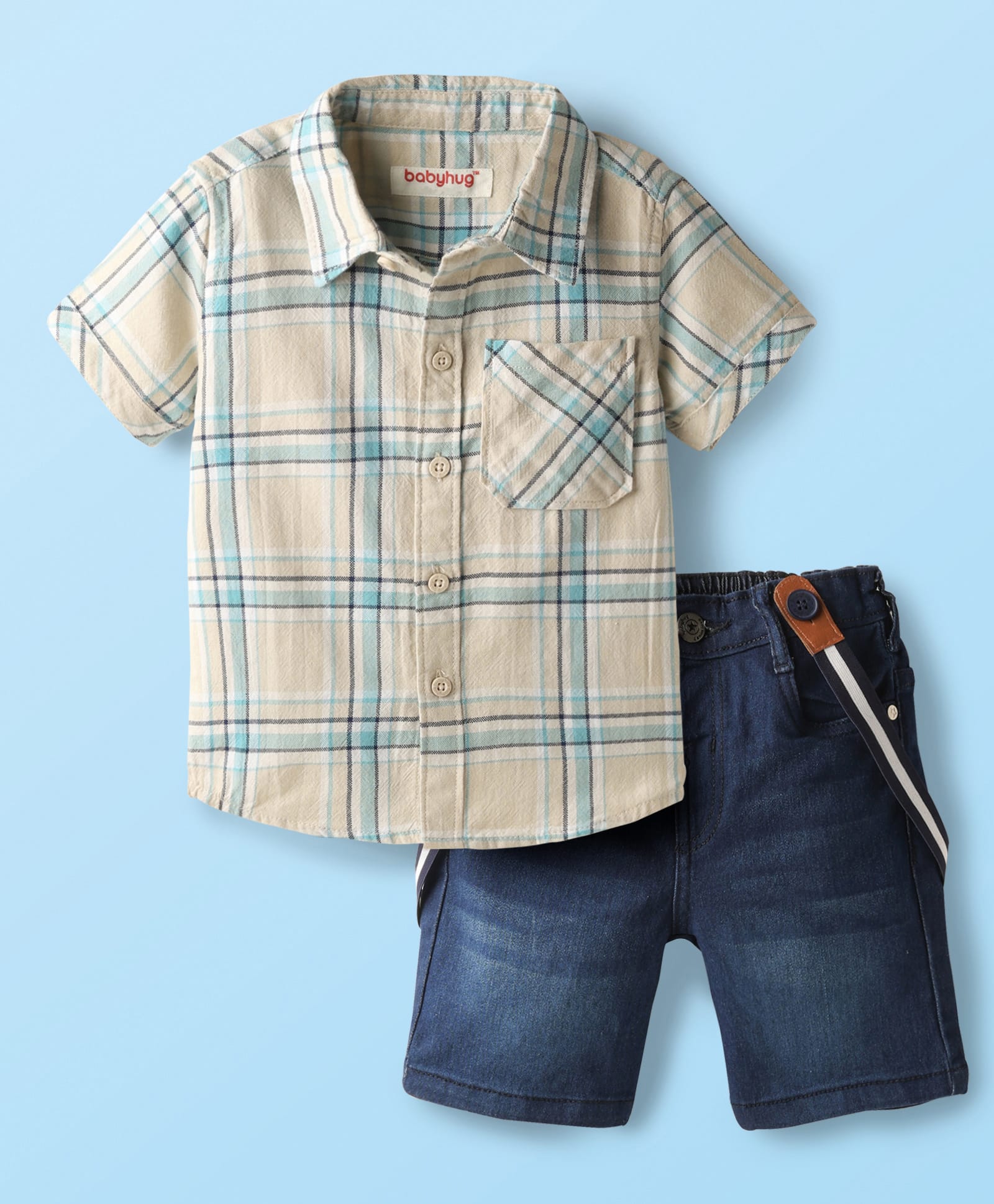Babyhug Cotton Woven Half Sleeves Checkered Shirt & Shorts Set with Suspender - Blue-picture-26