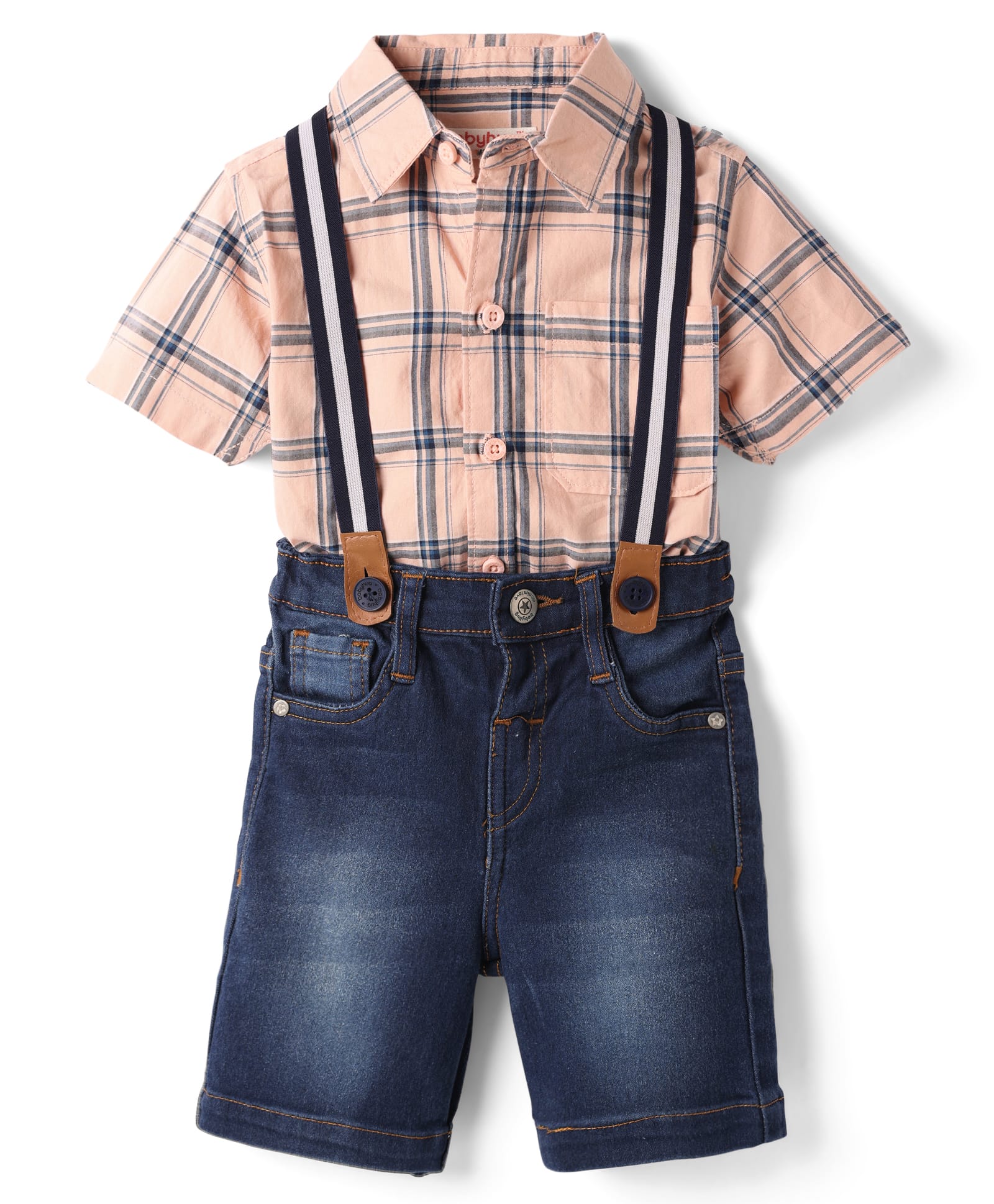 Babyhug Cotton Woven Half Sleeves Checkered Shirt & Denim Shorts Set with Suspender - Blue-picture-17
