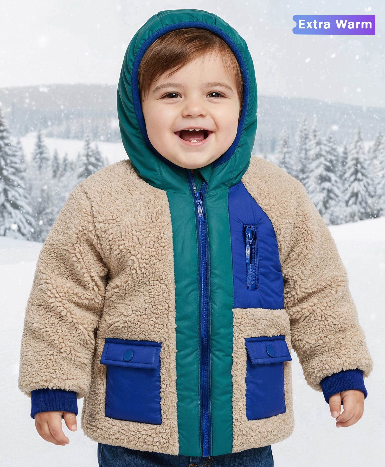 Babyoye Fur Woven Full Raglan Sleeves Hooded Jacket With Pockets - Beige & Blue-picture-24