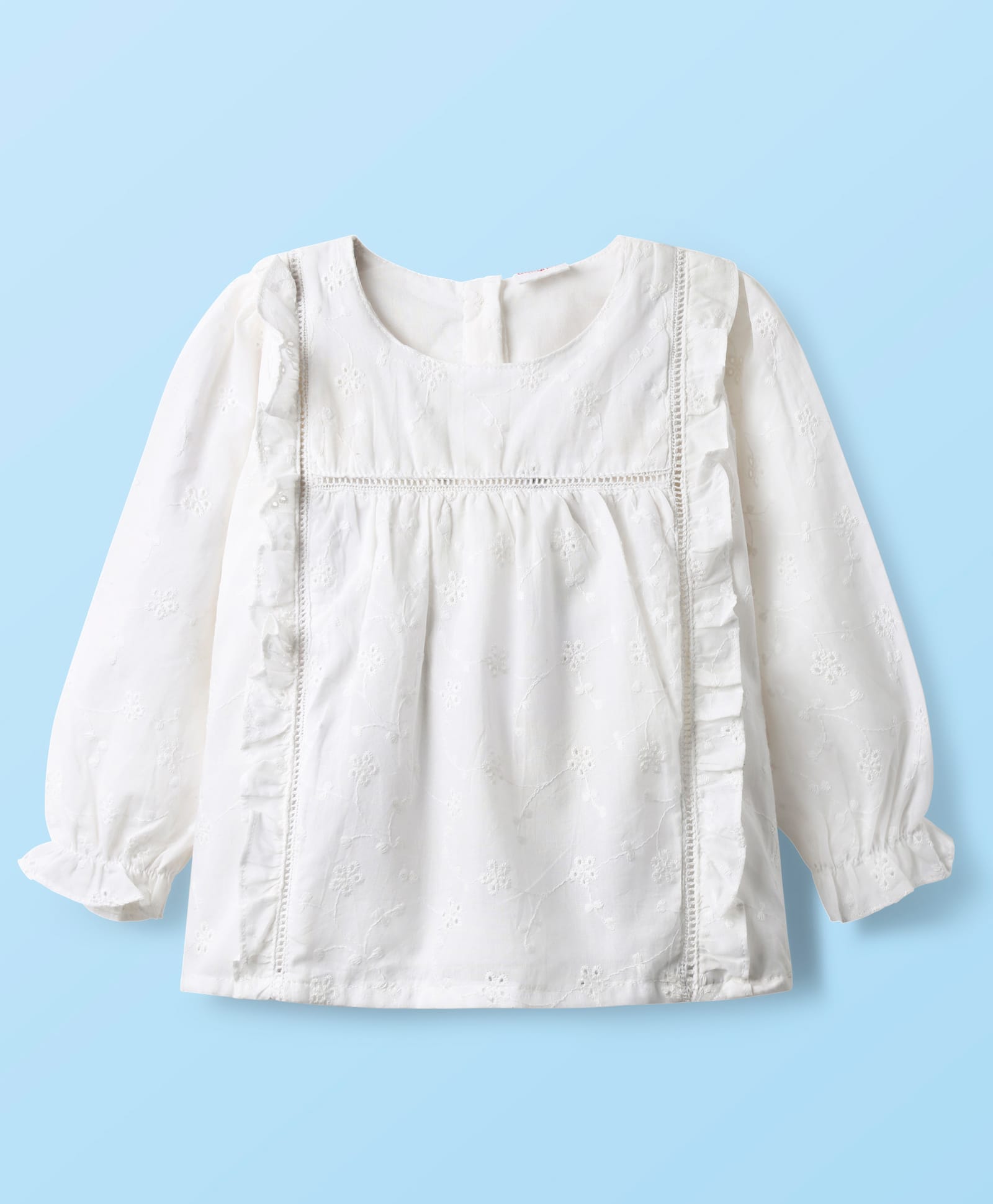 Babyhug Cotton Woven Full Sleeves Schiffli Top with Frill - White-picture-17