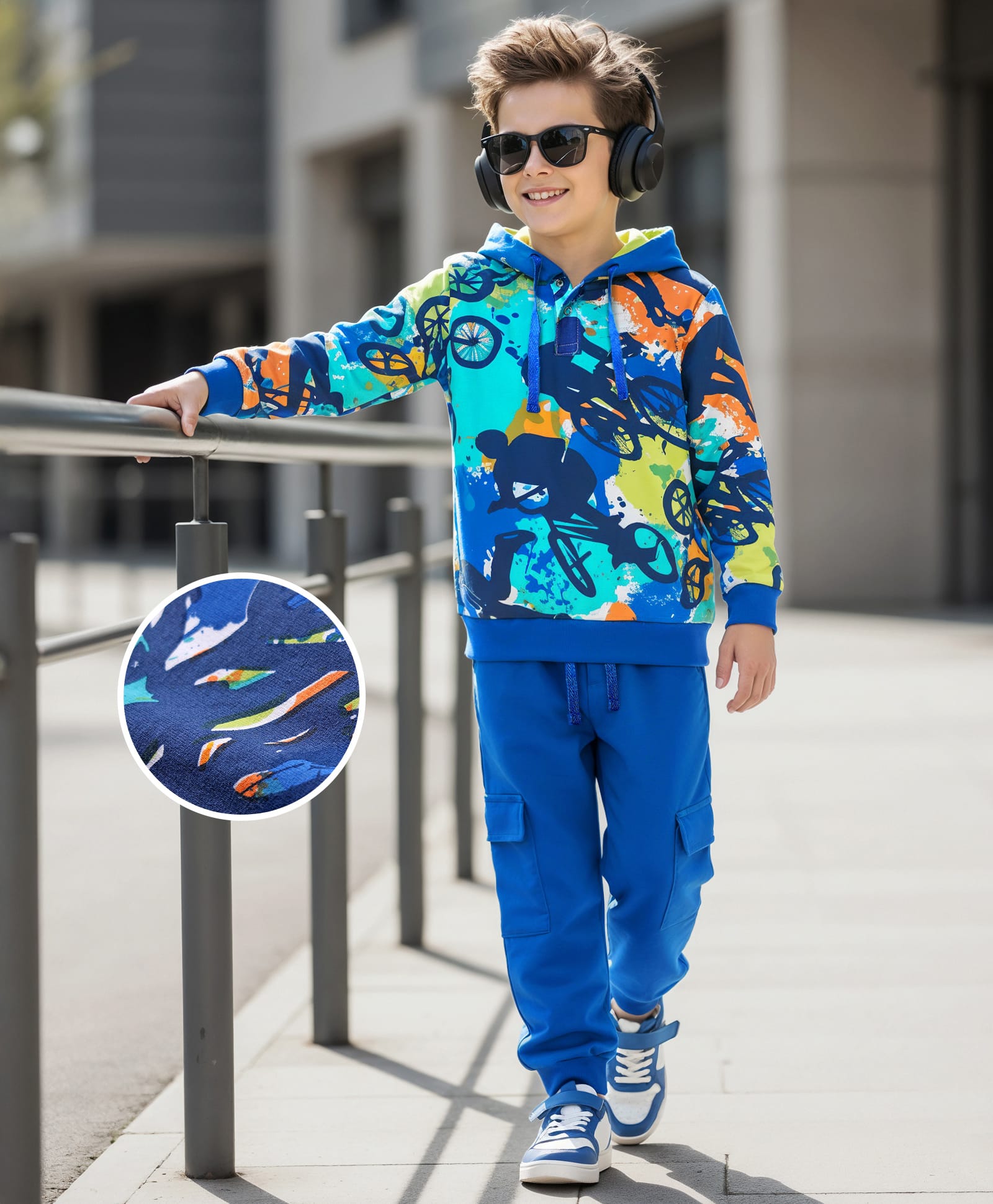 OLLINGTON ST. Cotton Knit Full Sleeves Hooded Sweatshirt & Joggers with Cycling Theme Print - Multicolor & Blue-image-41