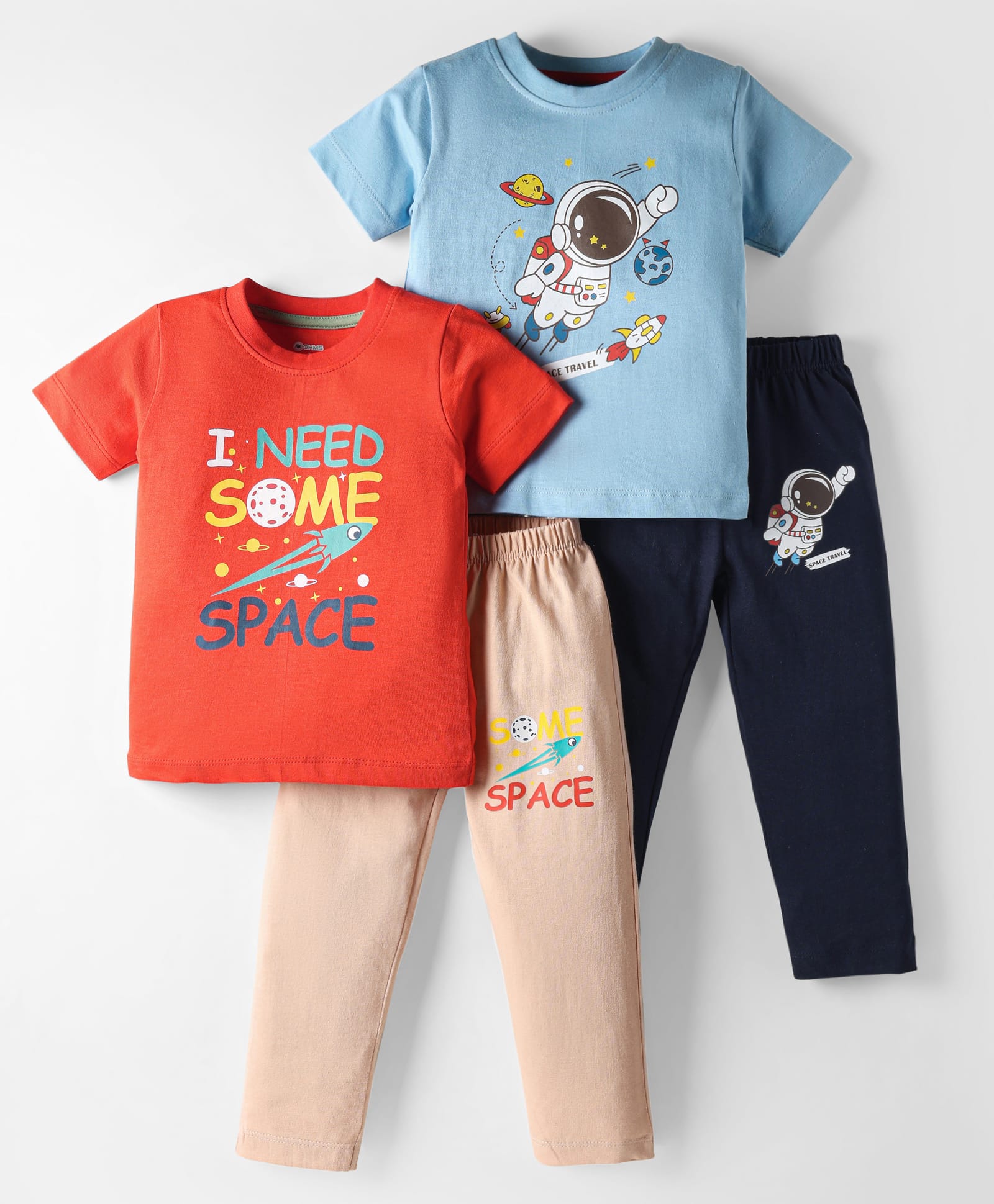 OHMS Single Jersey Knit Half Sleeves T-shirt & Lounge Pant Set with Space Theme Print Pack of 2 - Blue & Orange