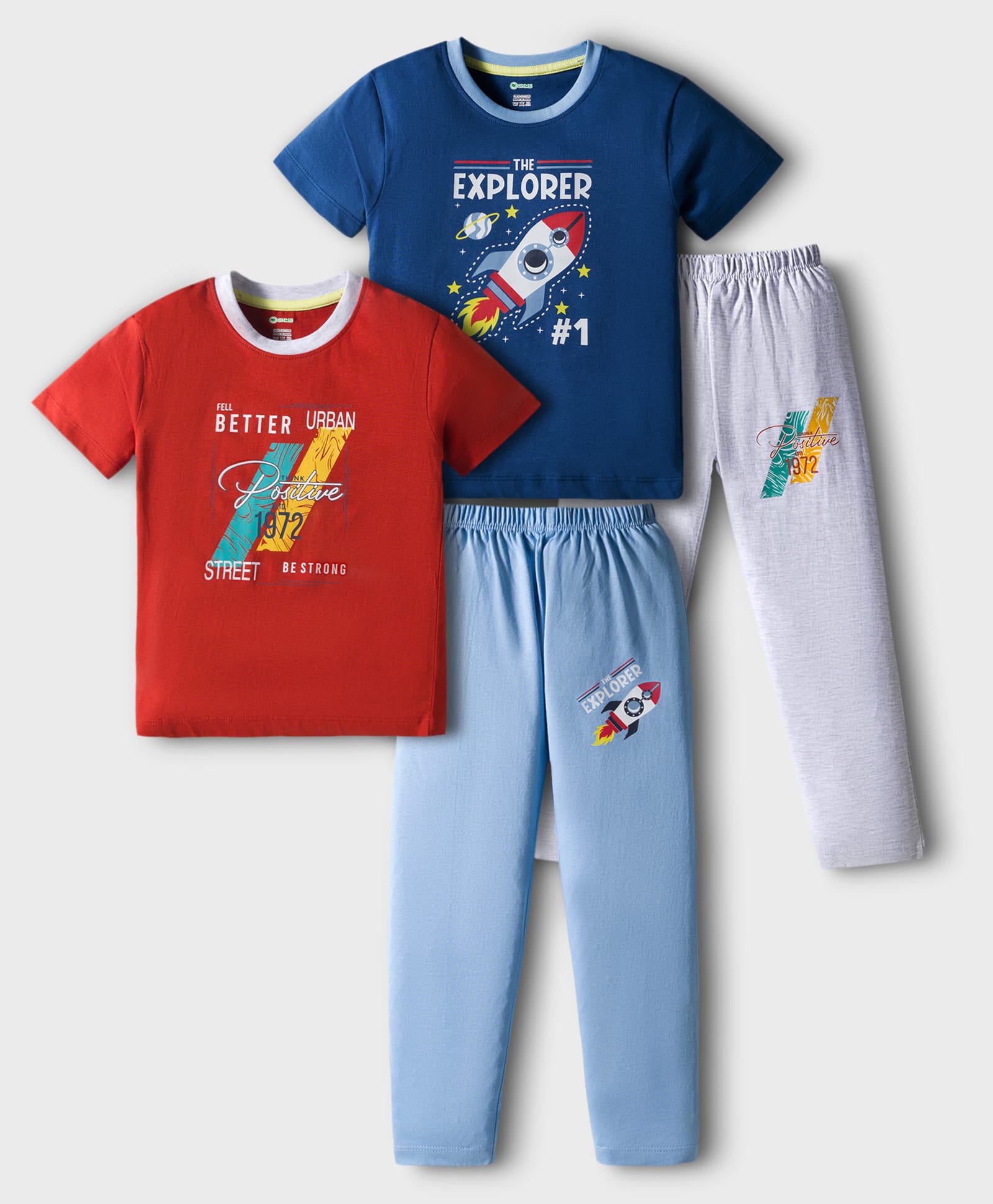 OHMS Single Jersey Knit Half Sleeves T-Shirt & Lounge Pants Set with Space Theme Print Pack of 2 - Navy Blue Red & Light Blue-picture-23